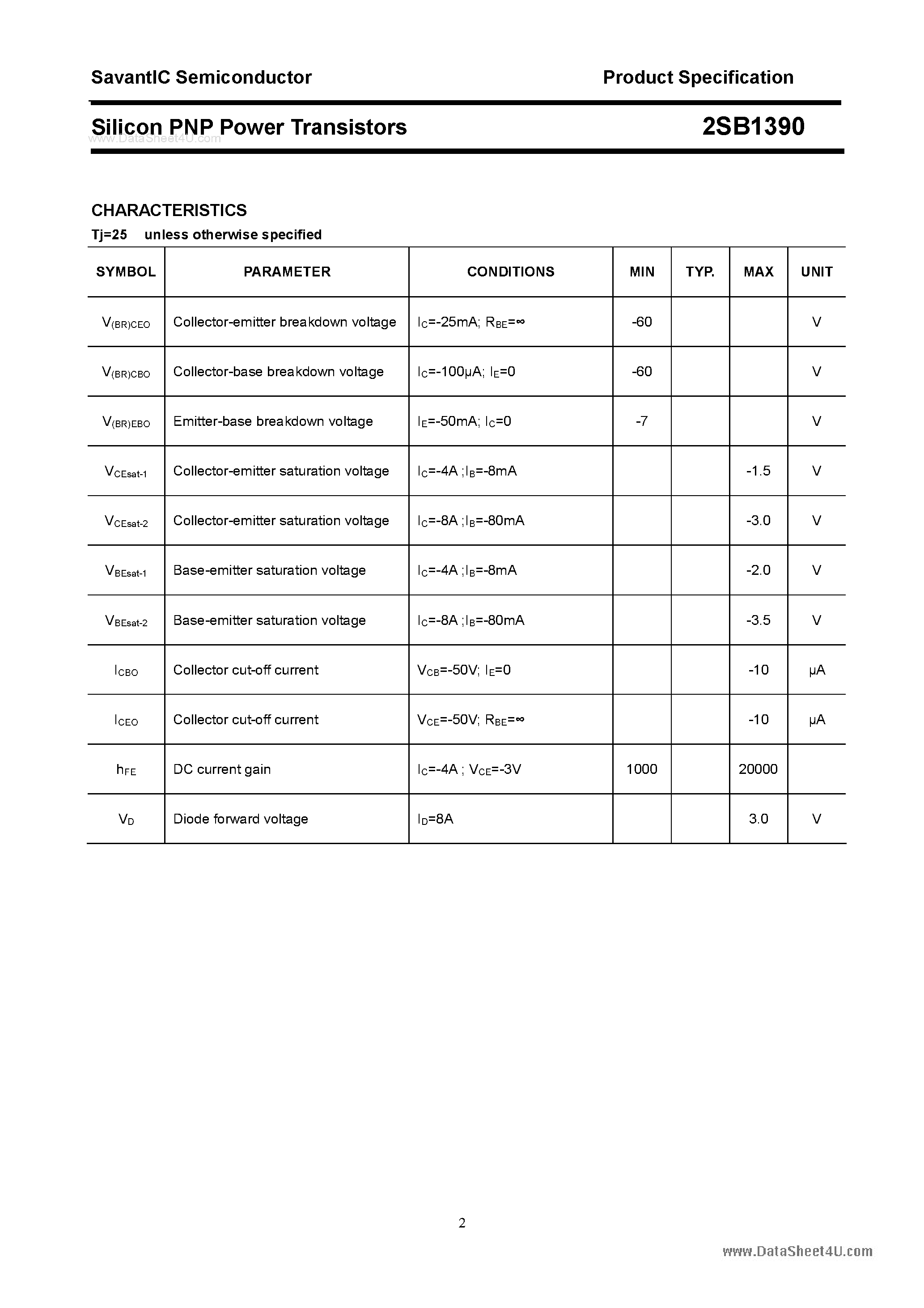 Datasheet 2SB1390 page 2 Datasheet 2SB1390 - SILICON POWER TRANSISTOR page 2