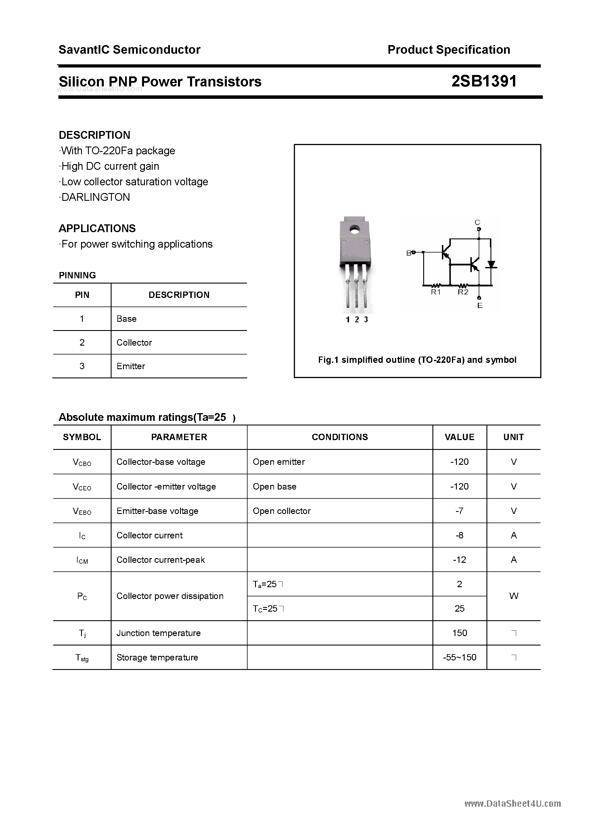 Datasheet 2SB1391 page 1 Datasheet 2SB1391 - SILICON POWER TRANSISTOR page 1