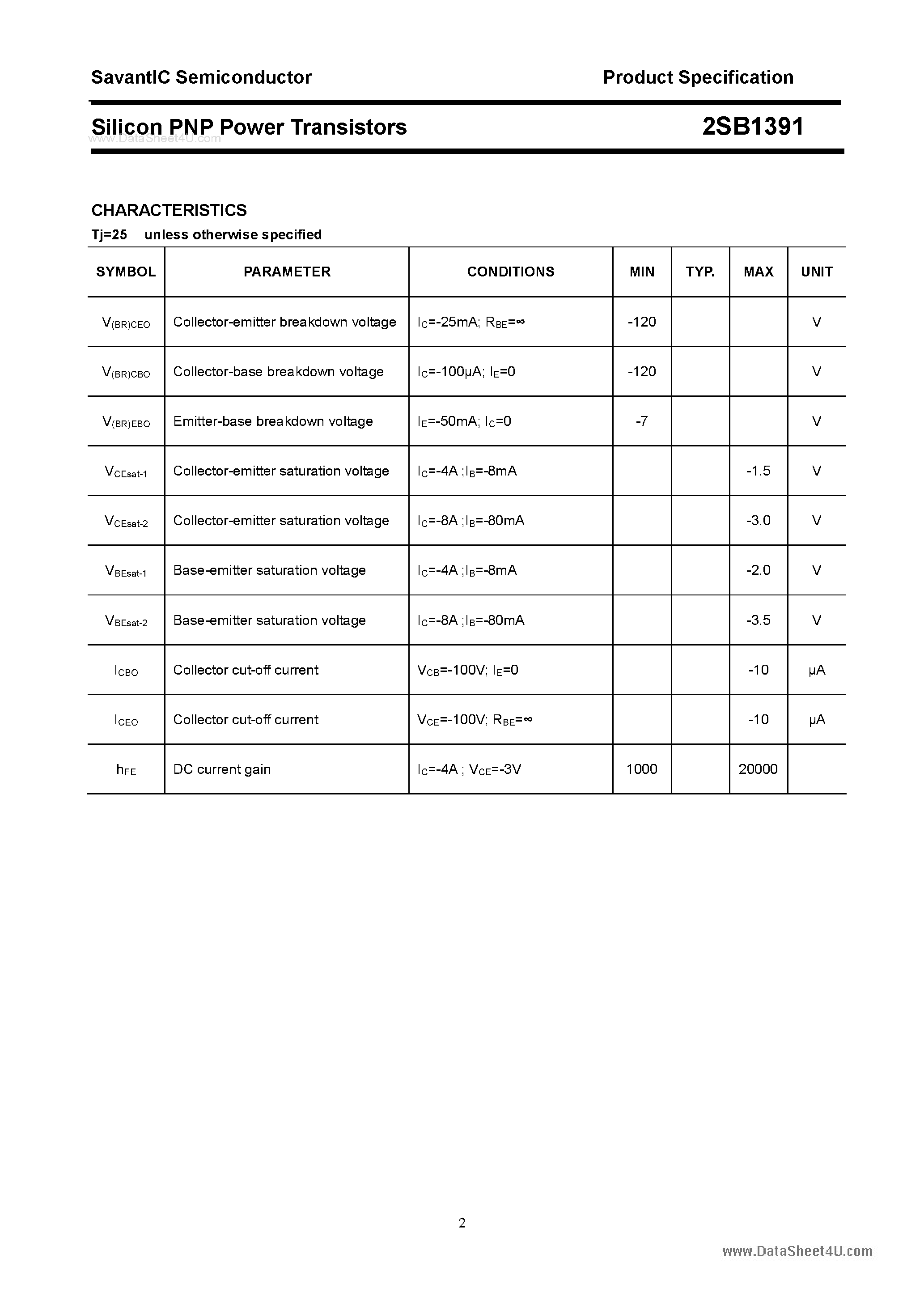 Datasheet 2SB1391 page 2 Datasheet 2SB1391 - SILICON POWER TRANSISTOR page 2