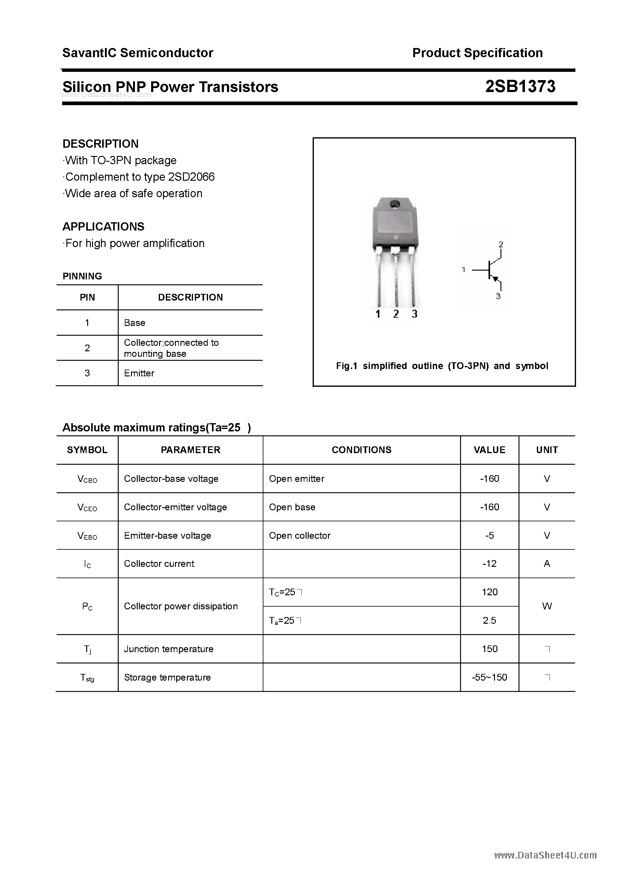 Datasheet 2SB1373 page 1 Datasheet 2SB1373 - SILICON POWER TRANSISTOR page 1