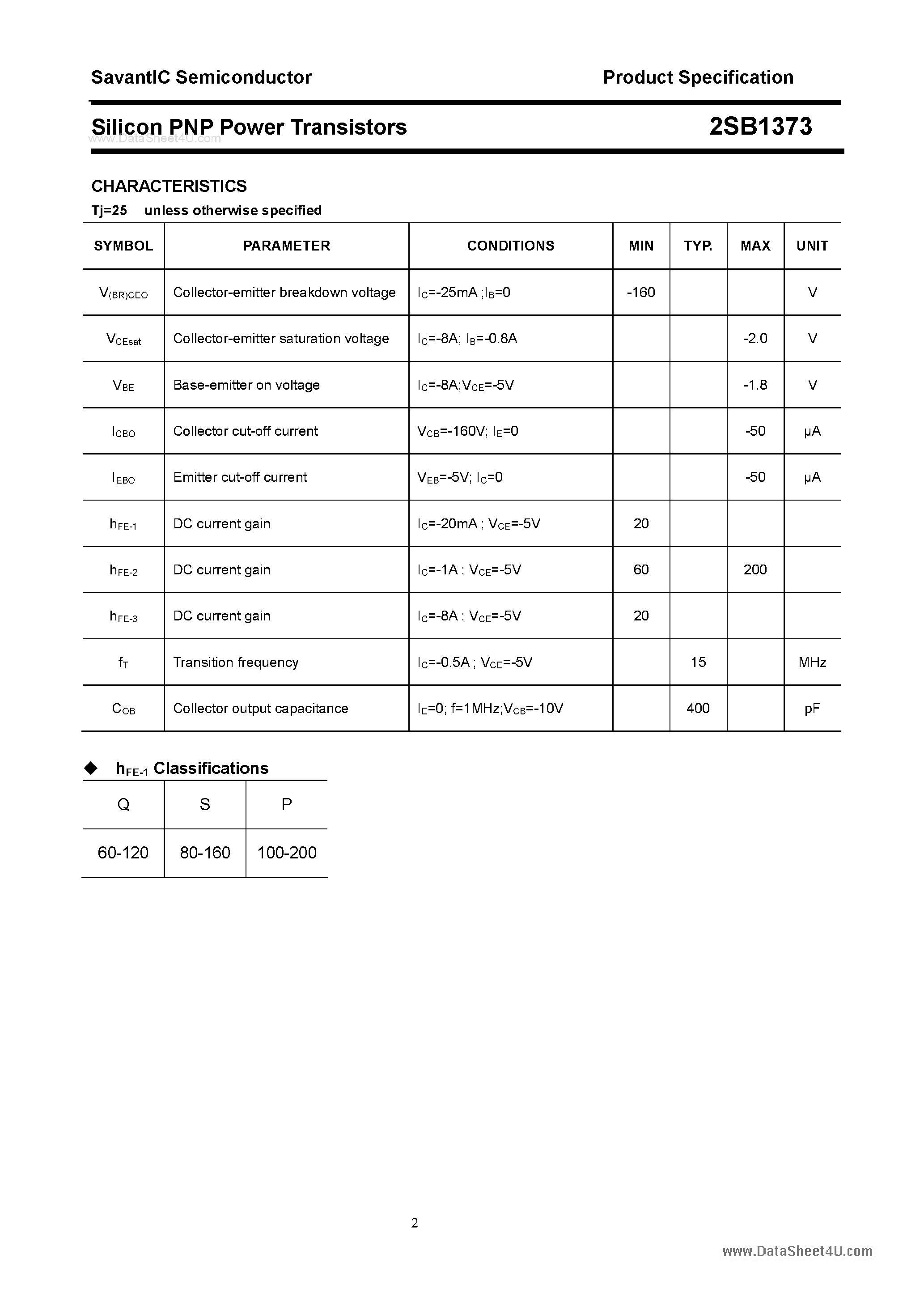 Datasheet 2SB1373 page 2 Datasheet 2SB1373 - SILICON POWER TRANSISTOR page 2