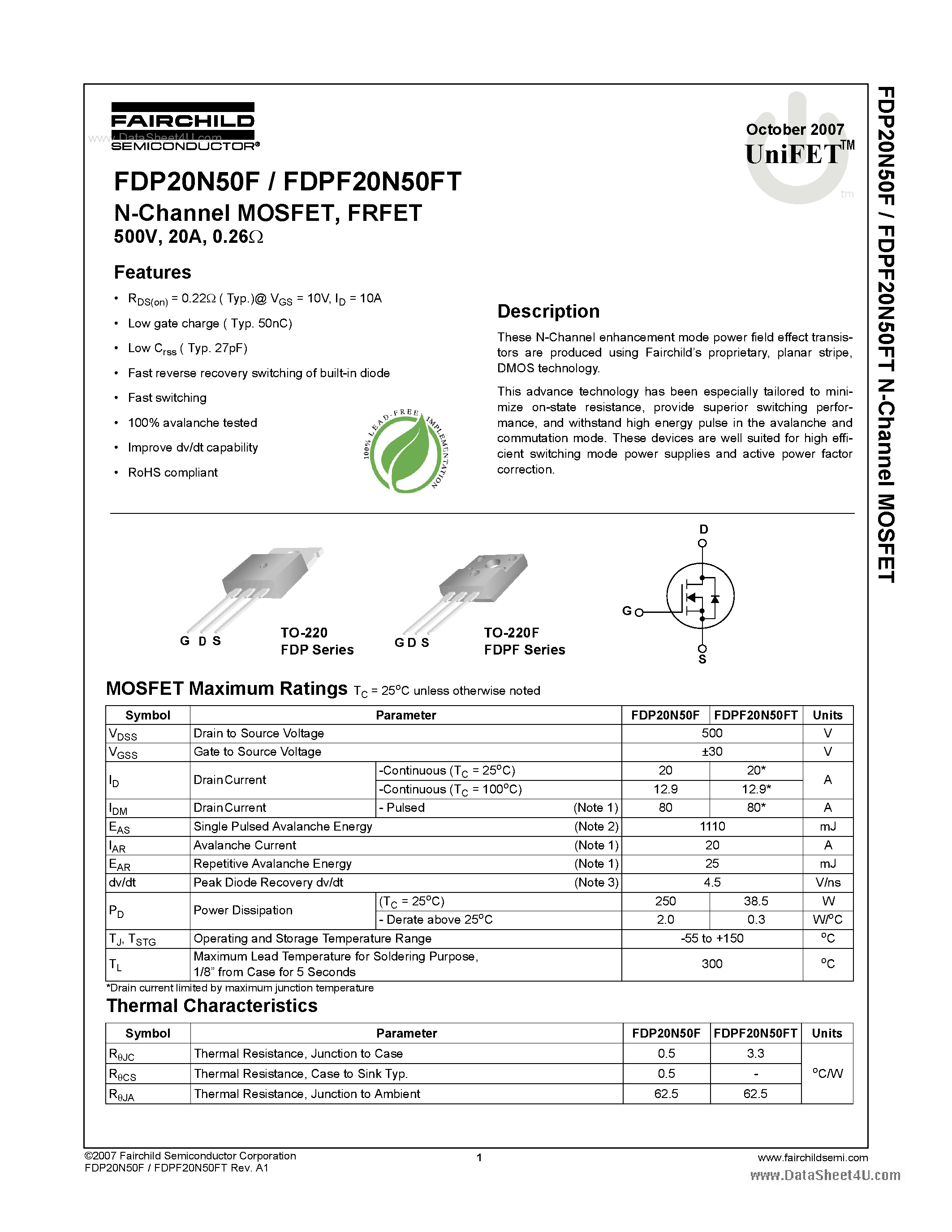 Datasheet FDP20N50F - N-Channel MOSFET page 1