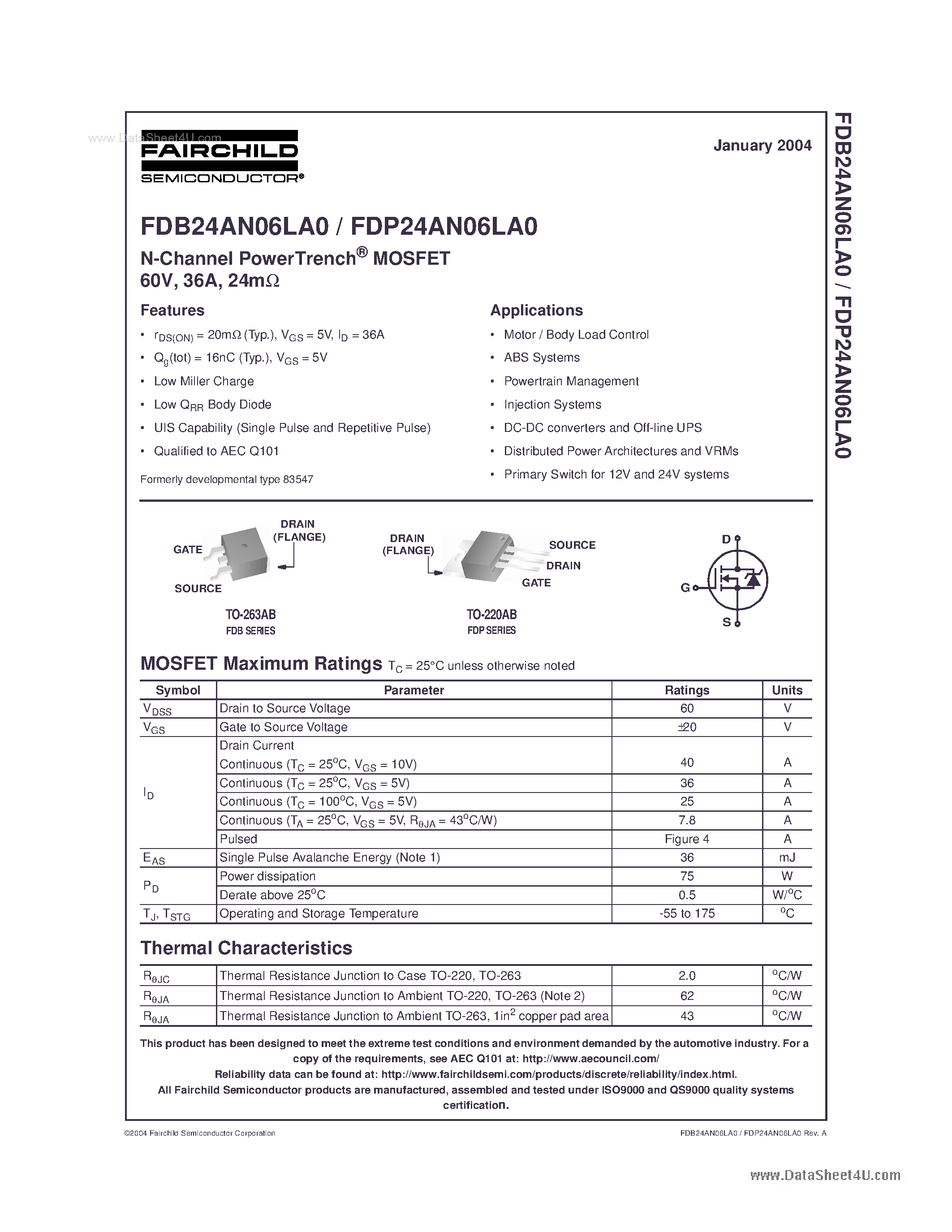 Datasheet FDP24AN06LA0 - N-Channel PowerTrench MOSFET page 1