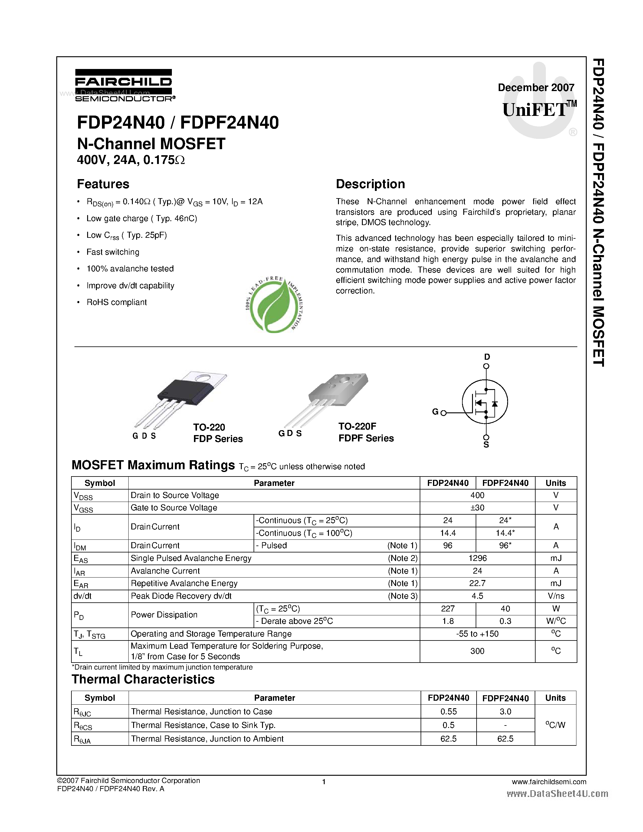 Datasheet FDP24N40 - N-Channel MOSFET page 1