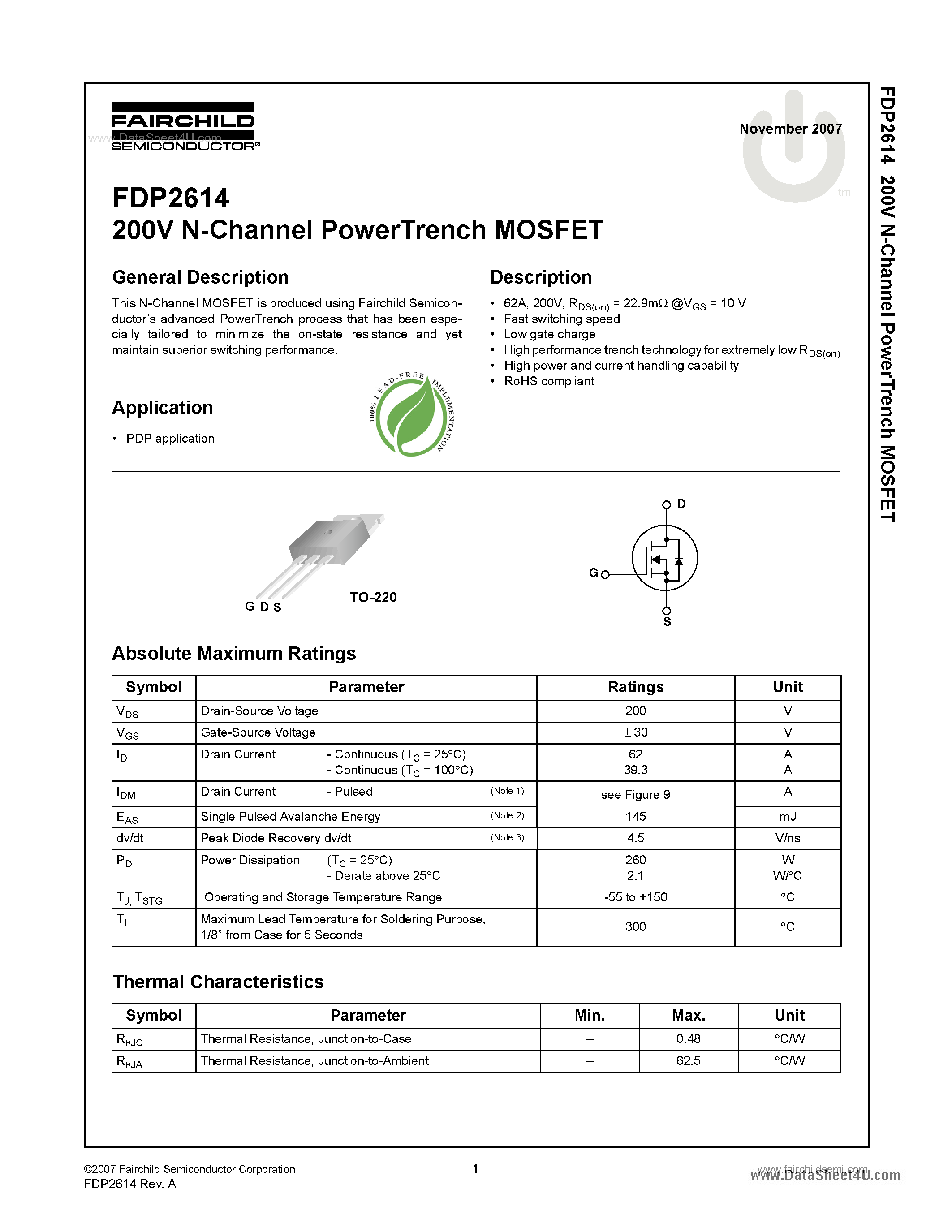 Datasheet FDP2614 - 200V N-Channel PowerTrench MOSFET page 1