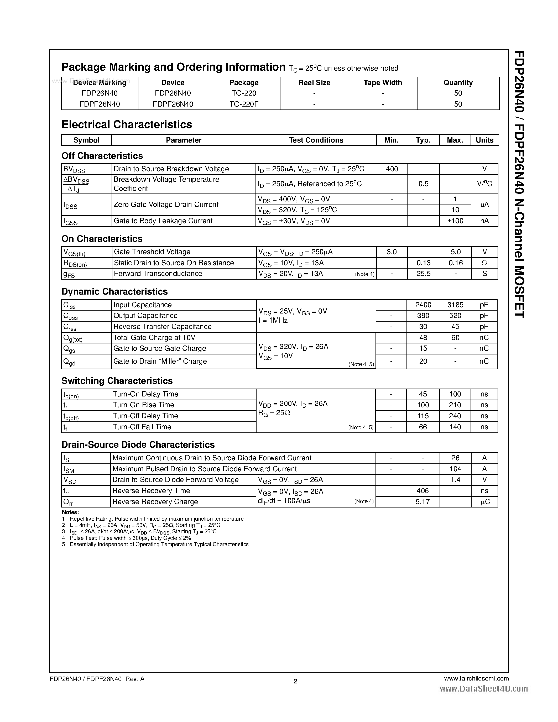 Datasheet FDP26N40 - N-Channel MOSFET page 2