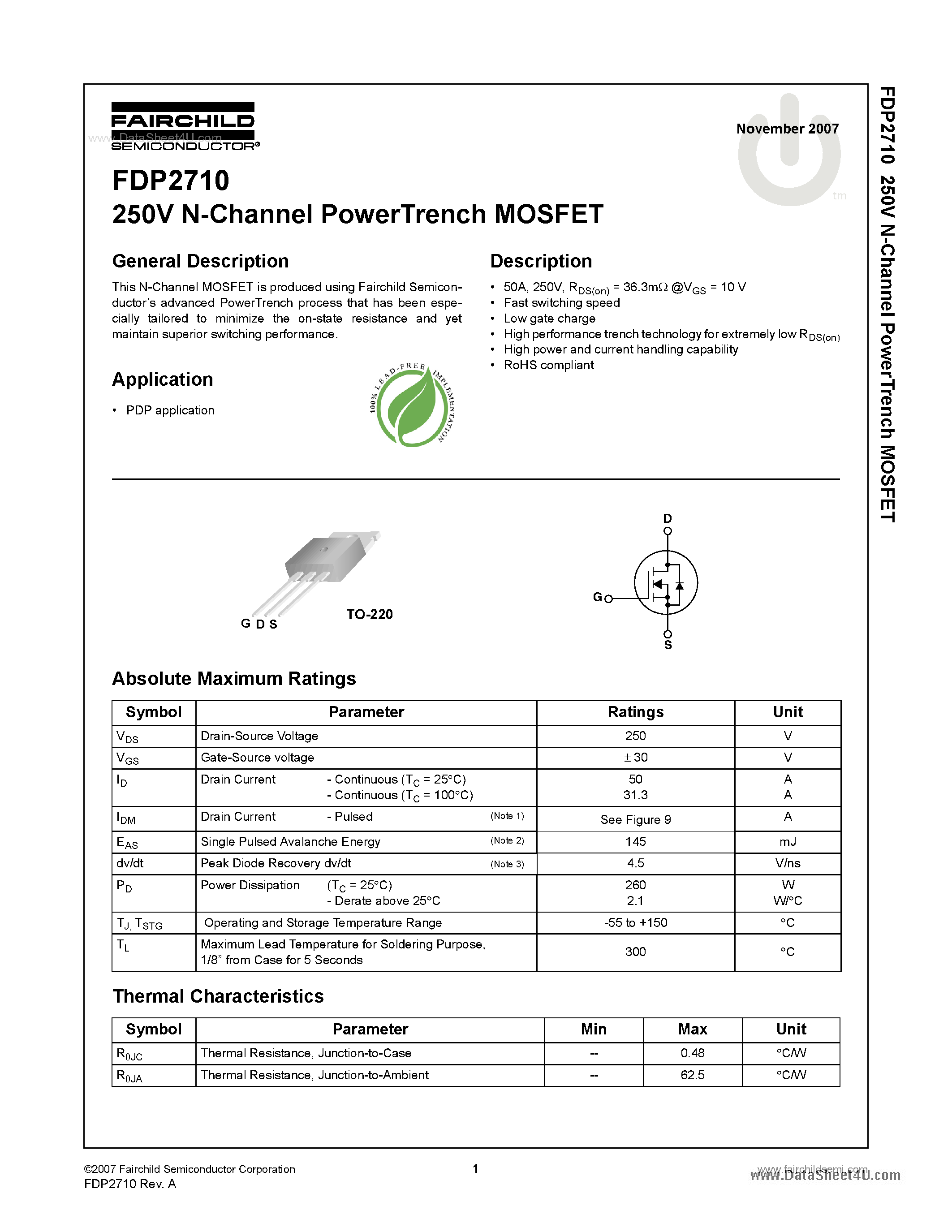 Datasheet FDP2710 - 250V N-Channel PowerTrench MOSFET page 1