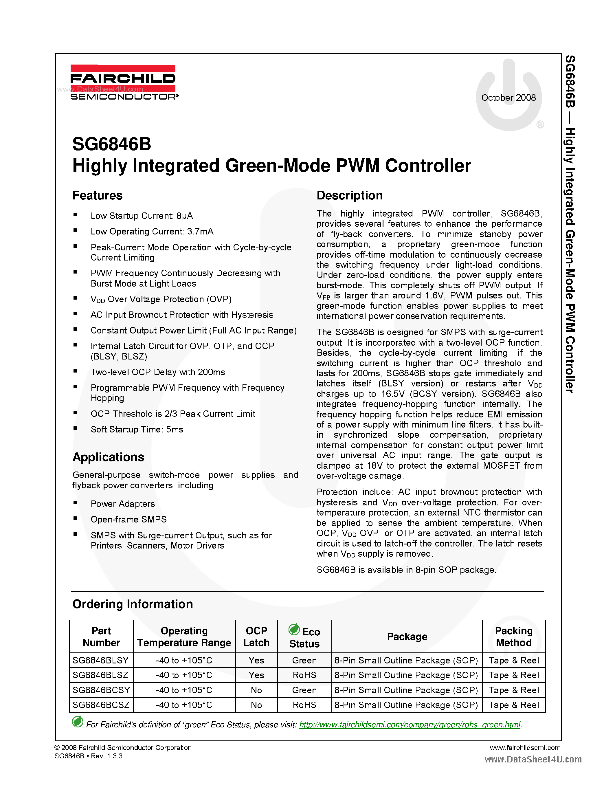 Datasheet SG6846B - Highly Integrated Green-Mode PWM Controller page 1
