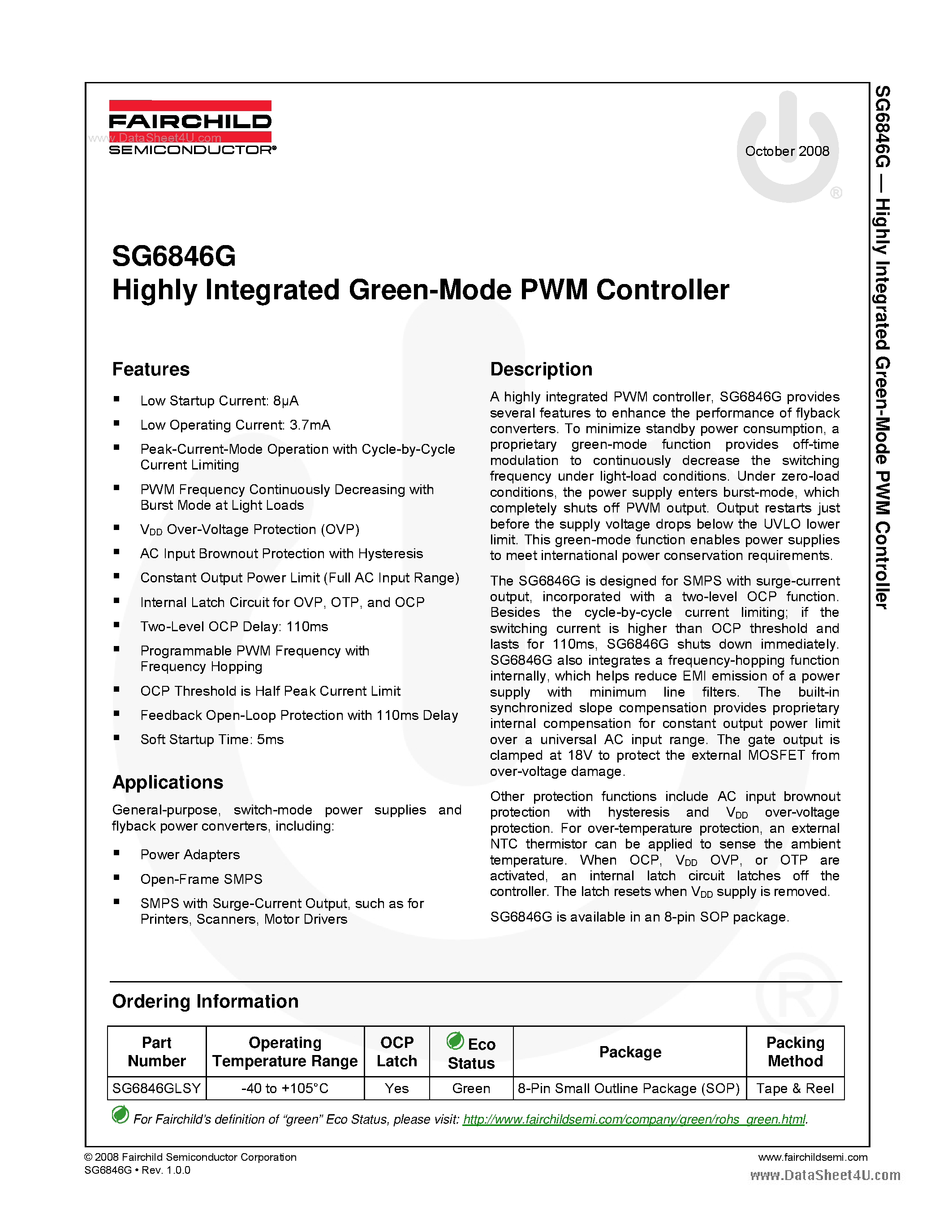 Datasheet SG6846G page 1 Datasheet SG6846G - Highly Integrated Green-Mode PWM Controller page 1
