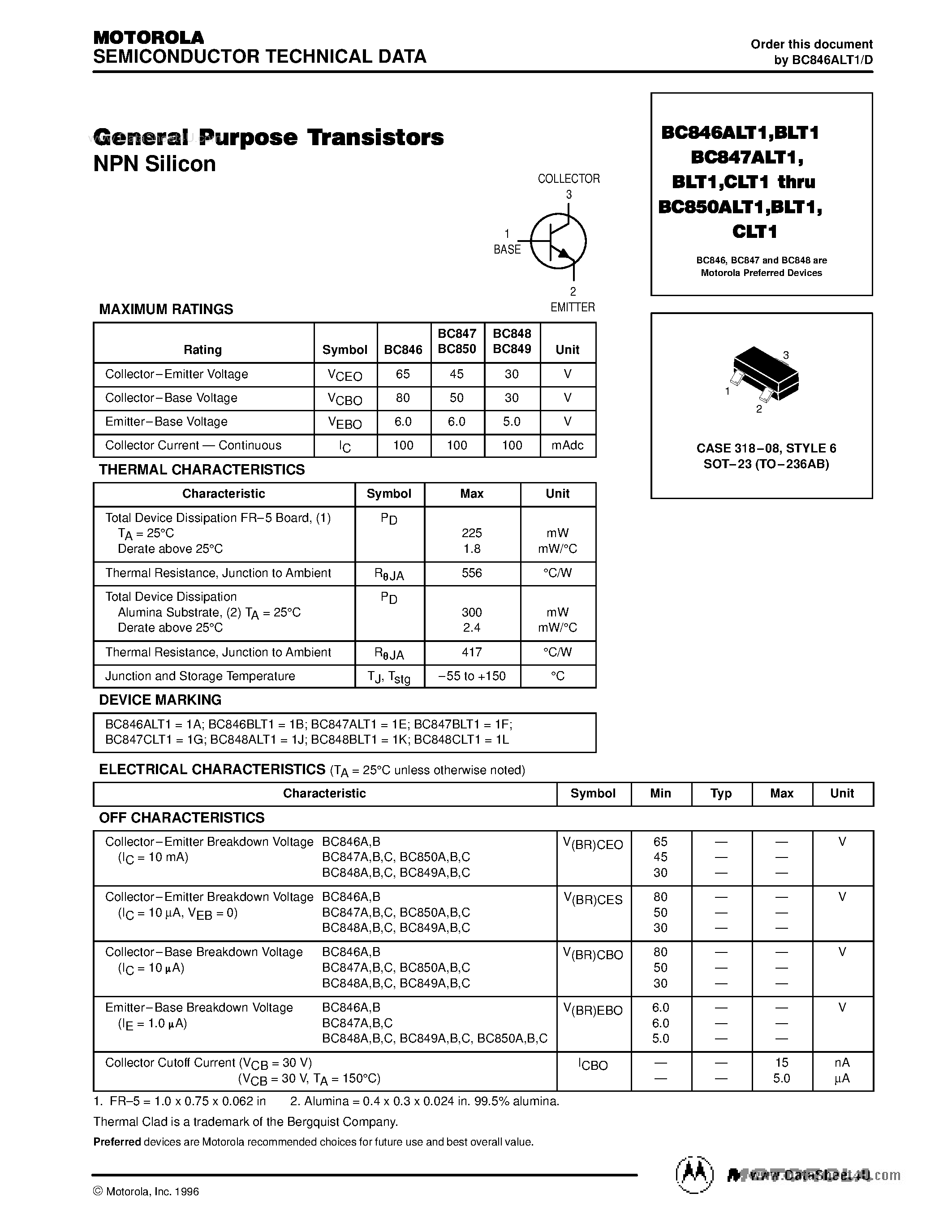Даташит BC846ALT1 - General Purpose Transistors страница 1