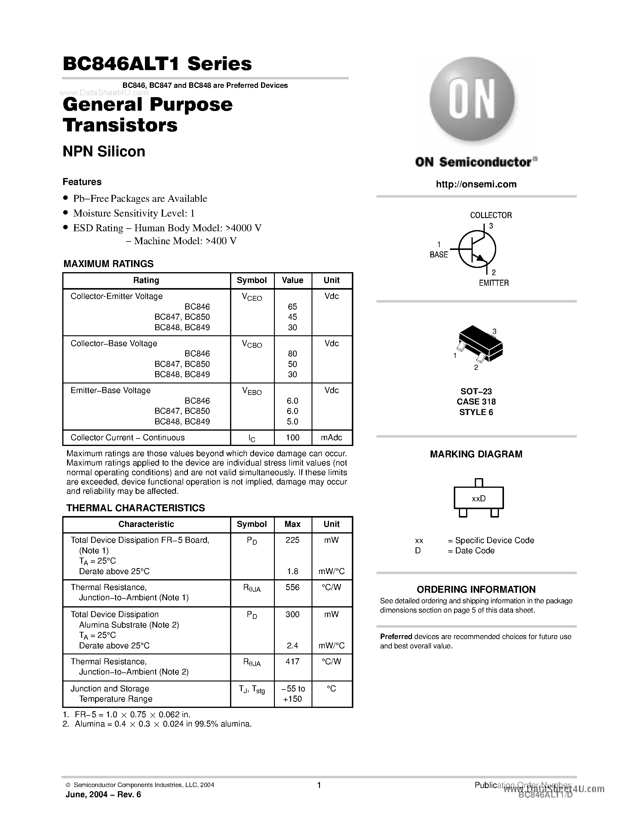 Даташит BC846ALT1 - General Purpose Transistors страница 1