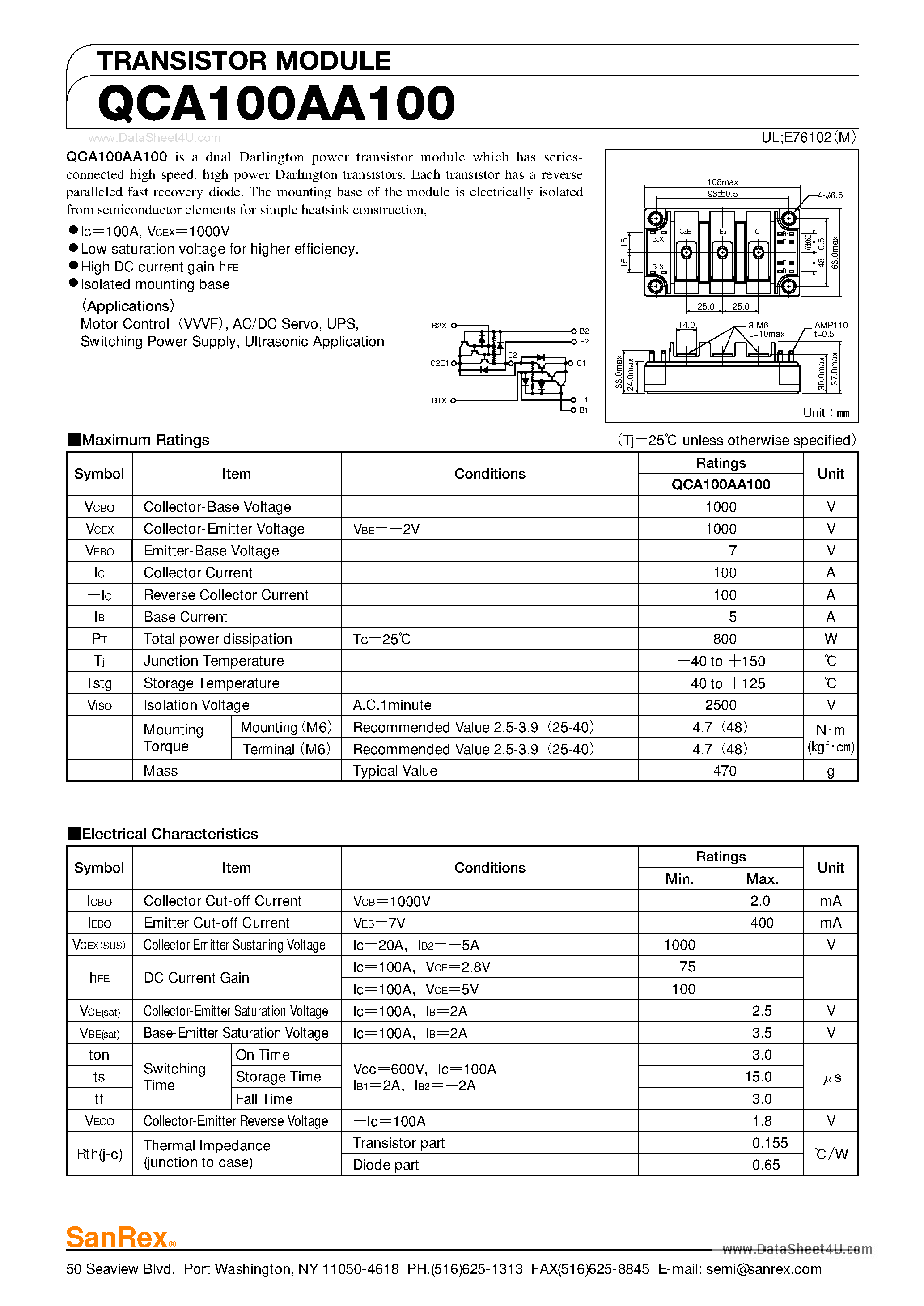 Datasheet QCA100AA100 - High power Darlington Transistors page 1