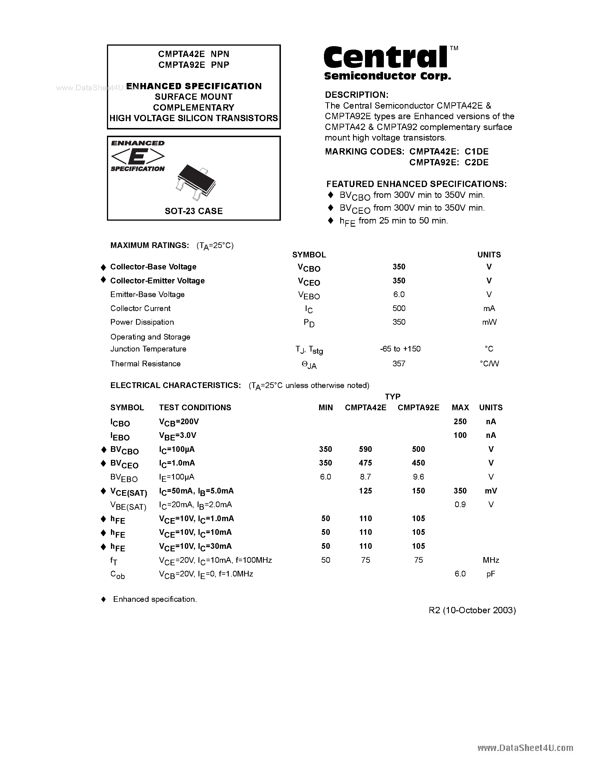 Даташит CMPTA42E - (CMPTA42E / CMPTA92E) ENHANCED SPECIFICATION SURFACE MOUNT COMPLEMENTARY HIGH VOLTAGE SILICON TRANSISTORS страница 1