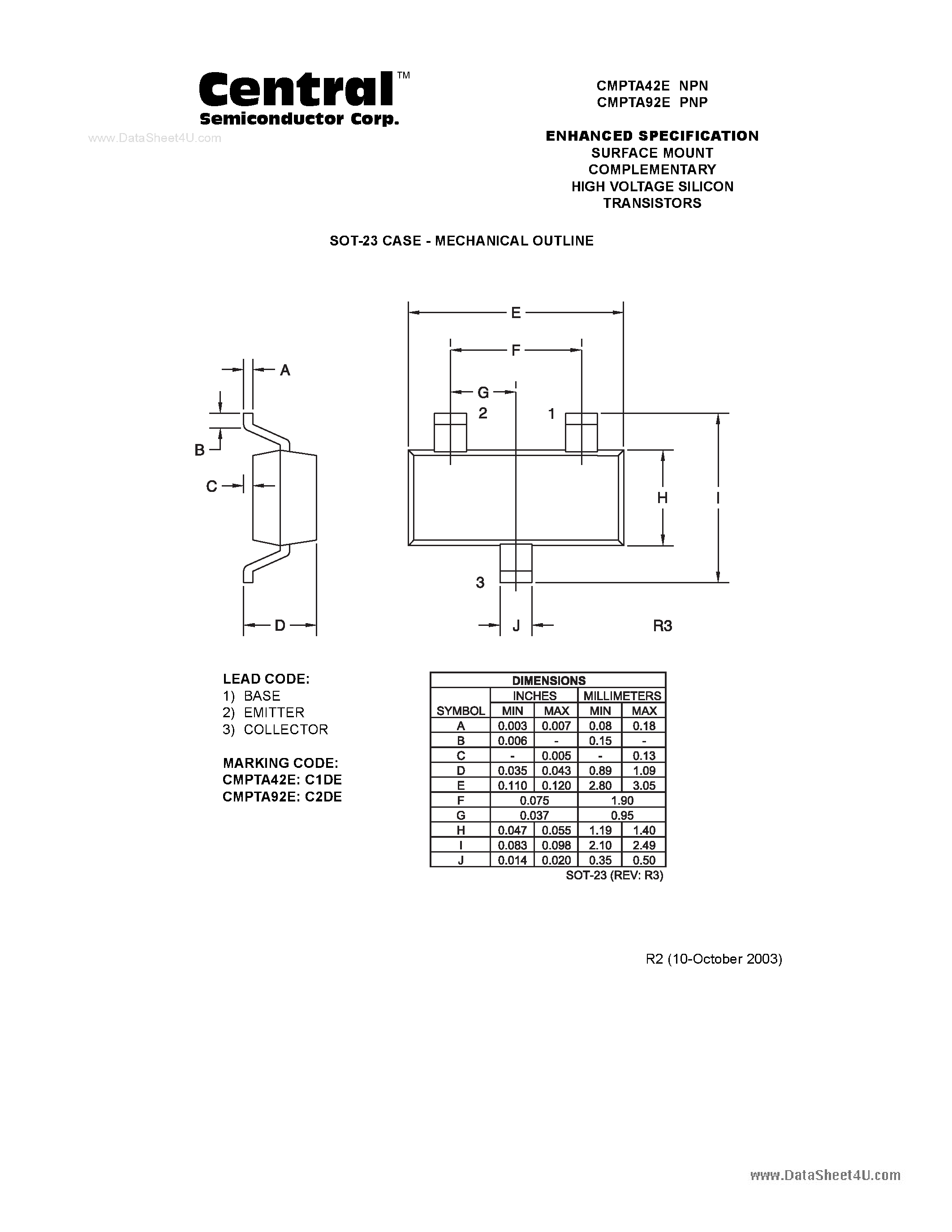 Даташит CMPTA42E - (CMPTA42E / CMPTA92E) ENHANCED SPECIFICATION SURFACE MOUNT COMPLEMENTARY HIGH VOLTAGE SILICON TRANSISTORS страница 2