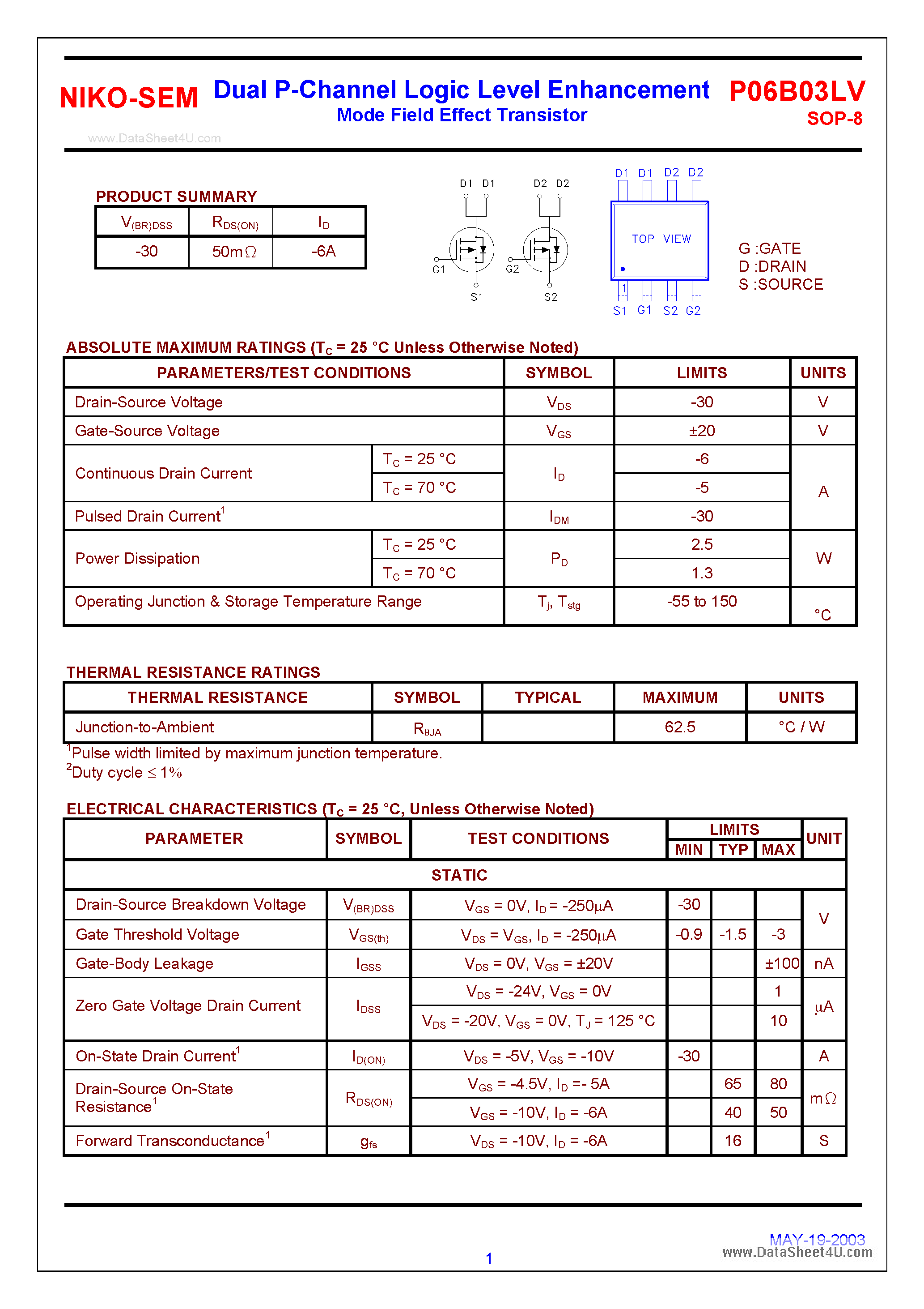 Datasheet P06B03LV - Dual P-Channel Logic Level Enhancement Mode Field Effect Transistor page 1