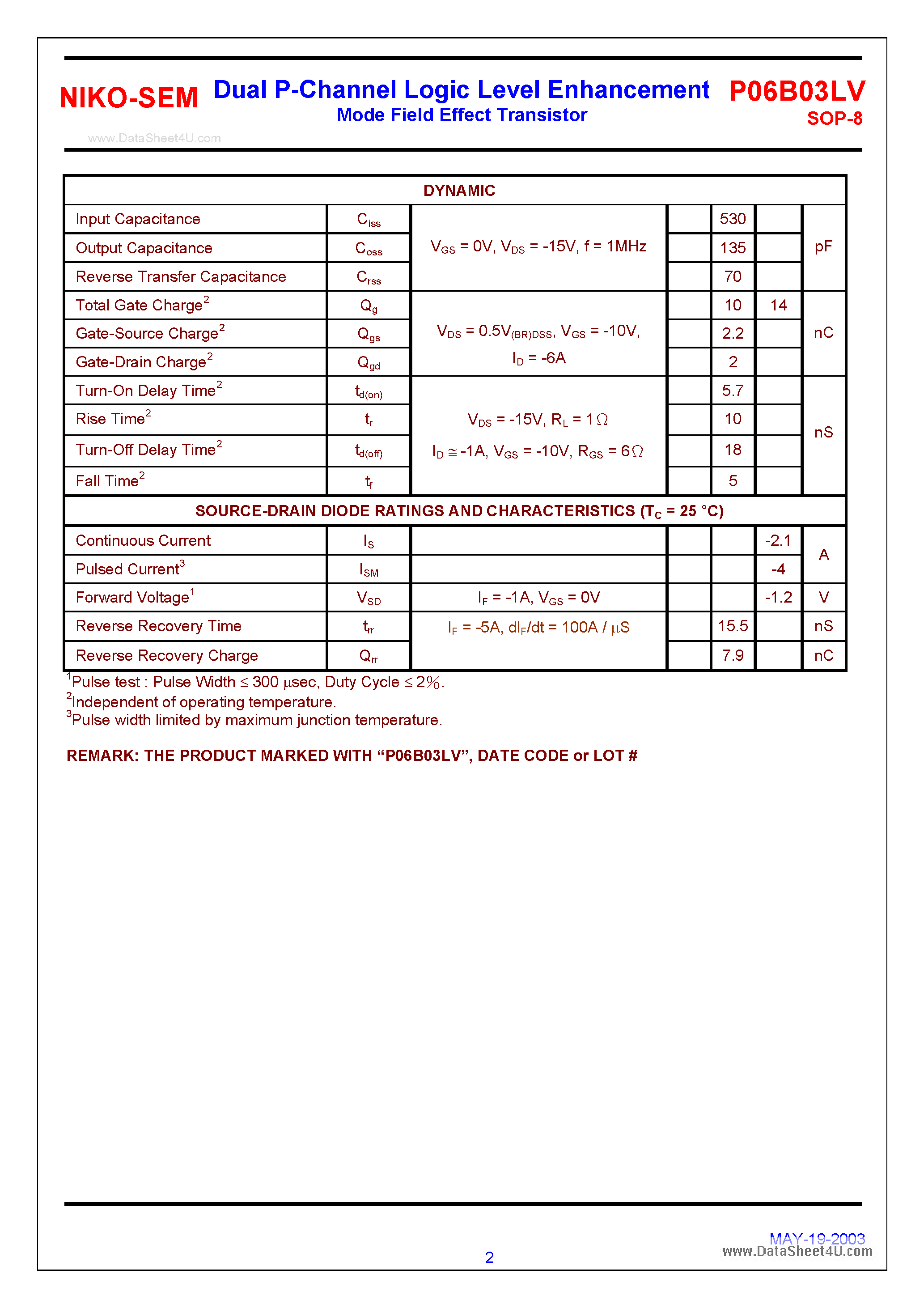 Datasheet P06B03LV - Dual P-Channel Logic Level Enhancement Mode Field Effect Transistor page 2