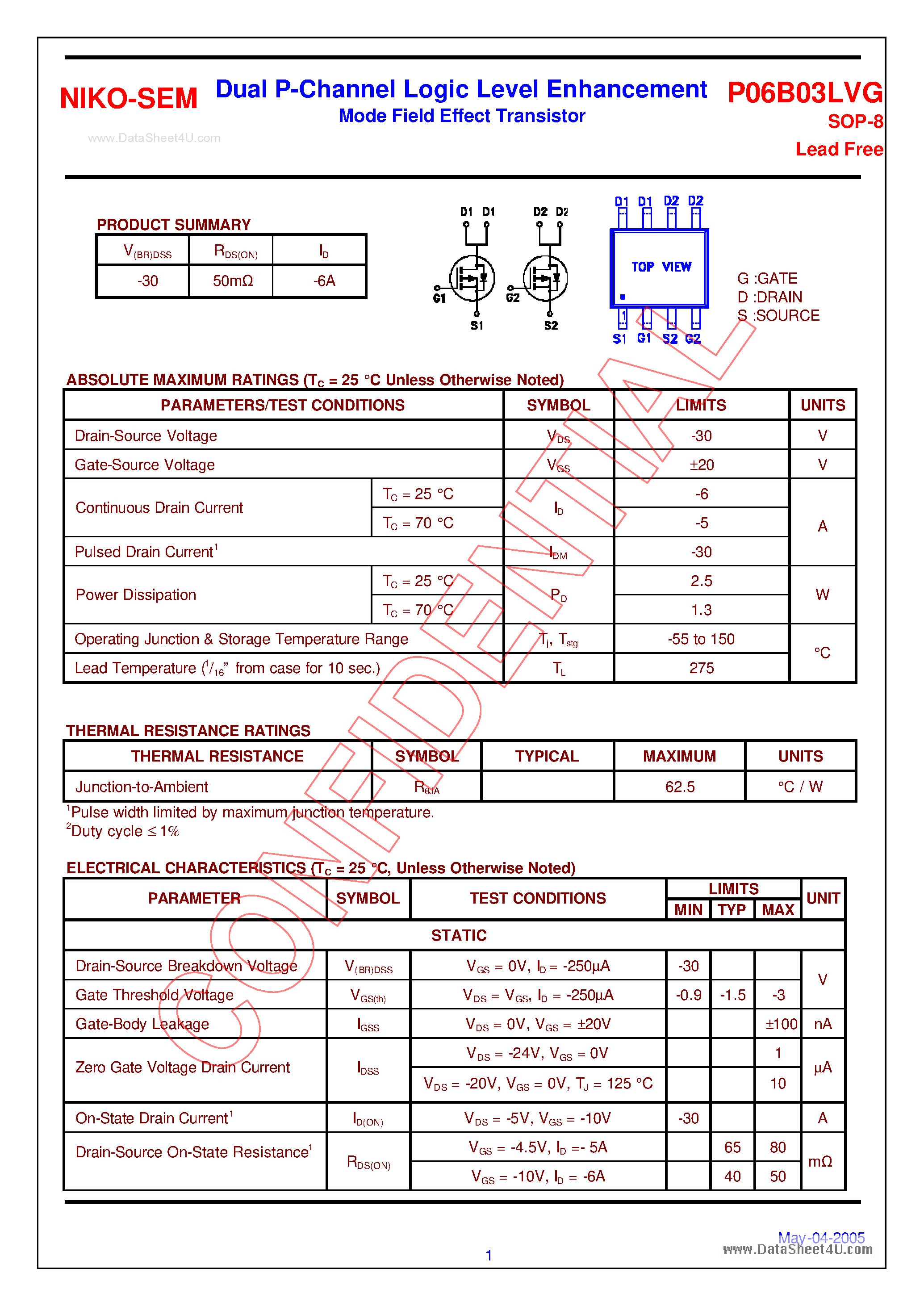 Datasheet P06B03LVG - Dual P-Channel Logic Level Enhancement Mode Field Effect Transistor page 1