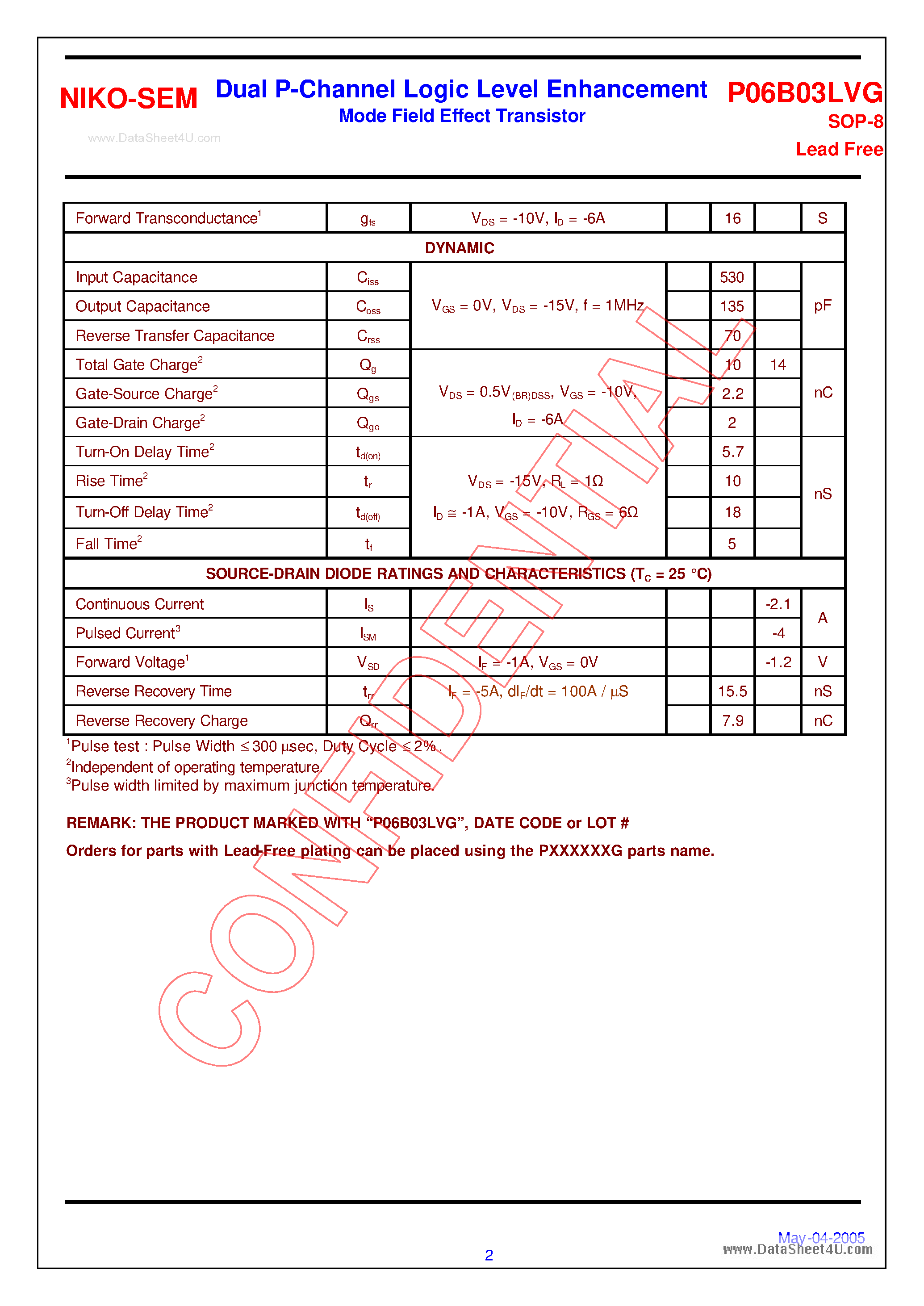 Datasheet P06B03LVG - Dual P-Channel Logic Level Enhancement Mode Field Effect Transistor page 2