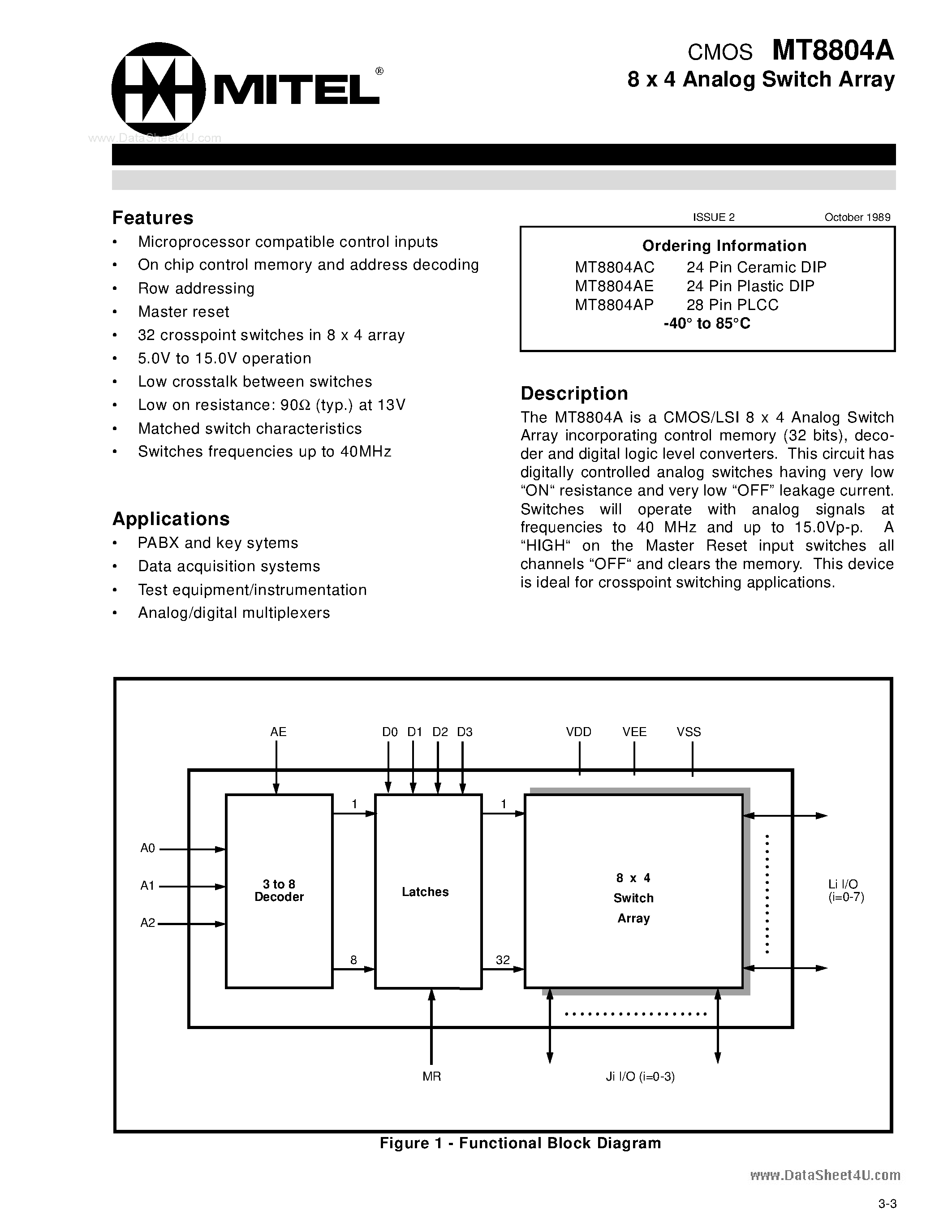 Datasheet MT8804A - CMOS 8 x 4 Analog Switch Array page 1
