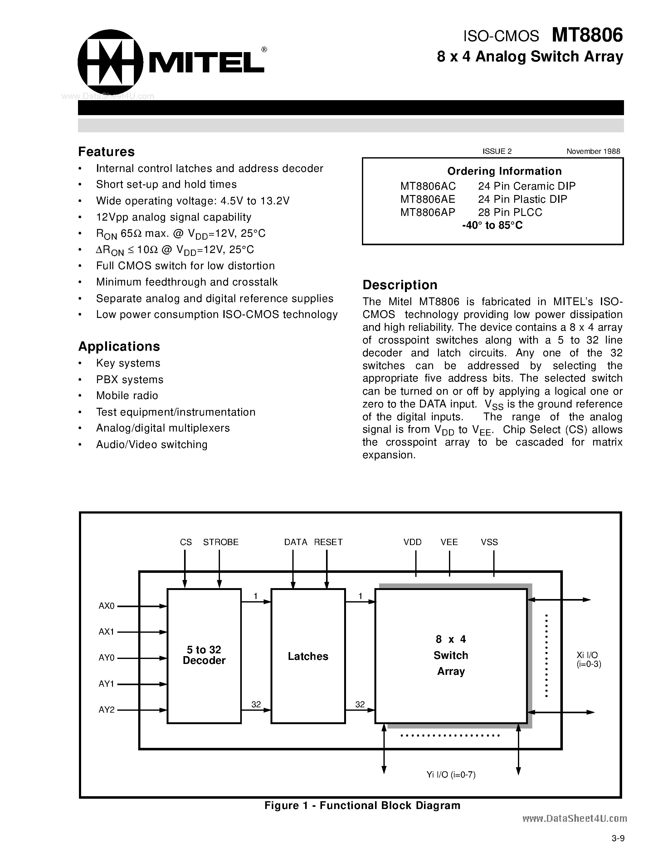 Datasheet MT8806 - ISO-CMOS 8 x 4 Analog Switch Array page 1