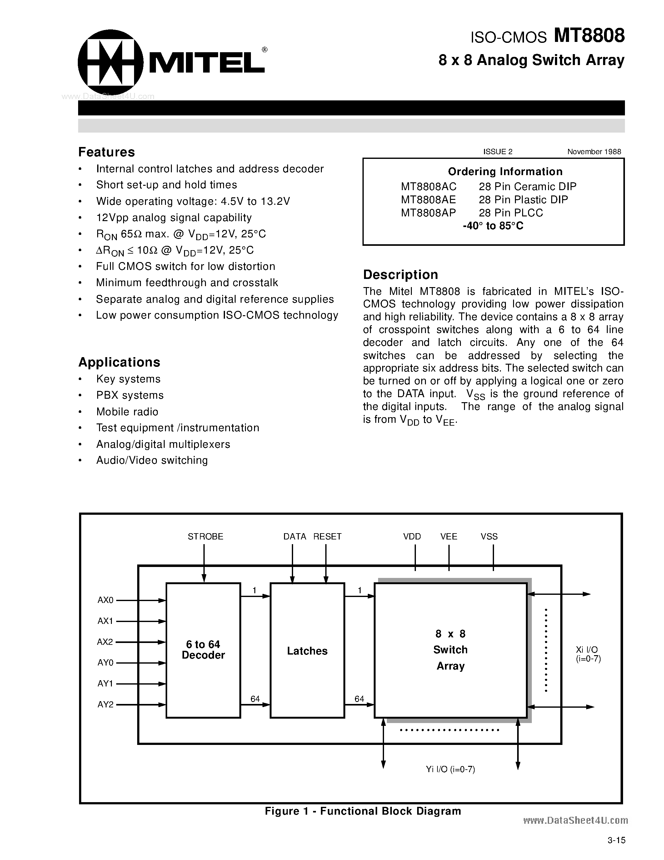 Datasheet MT8808 - ISO-CMOS 8 x 8 Analog Switch Array page 1