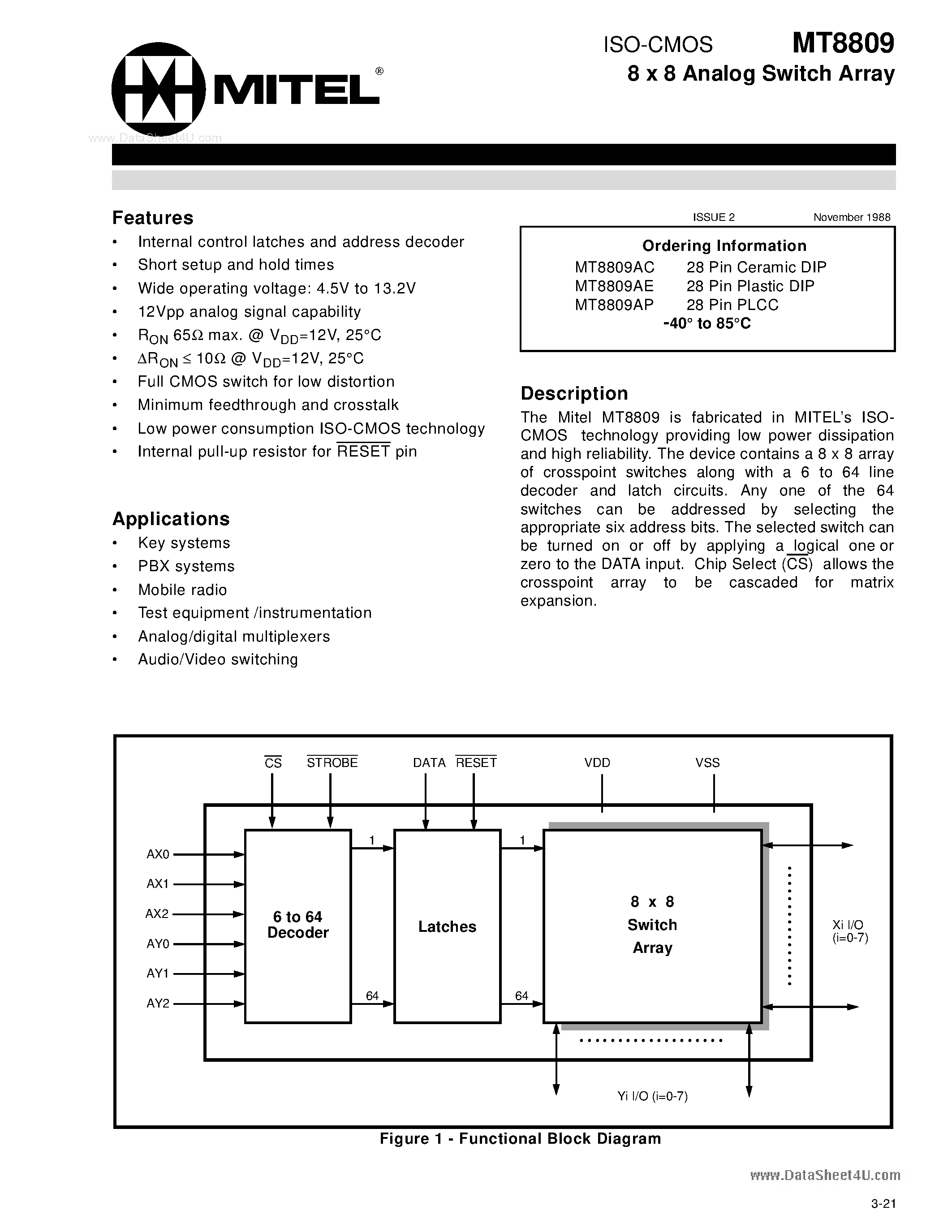 Datasheet MT8809 page 1 Datasheet MT8809 - ISO-CMOS 8 x 8 Analog Switch Array page 1