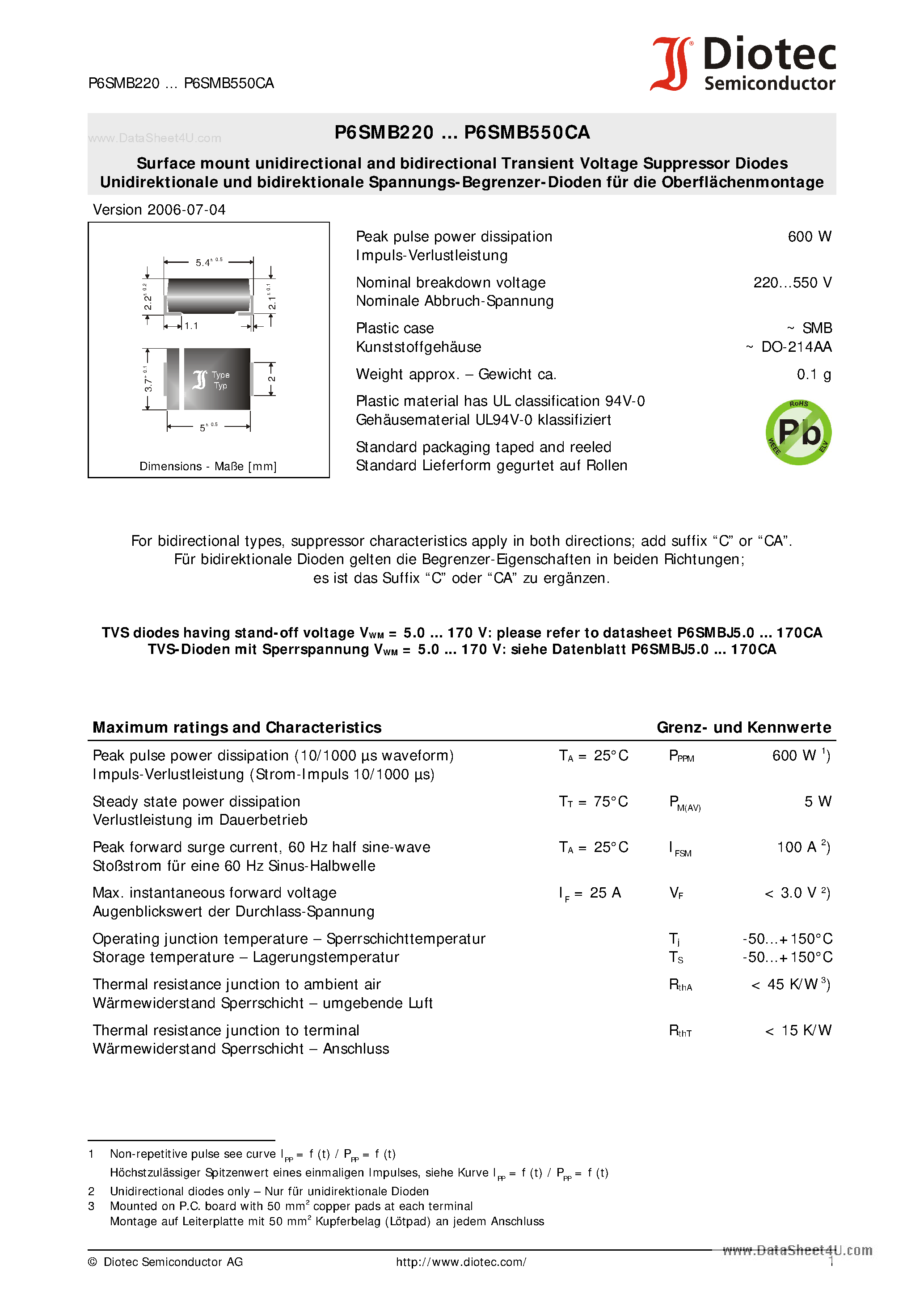 Даташит на микросхему P6SMB440 страница 1 Даташит P6SMB440 - Surface mount unidirectional and bidirectional Transient Voltage Suppressor Diodes страница 1