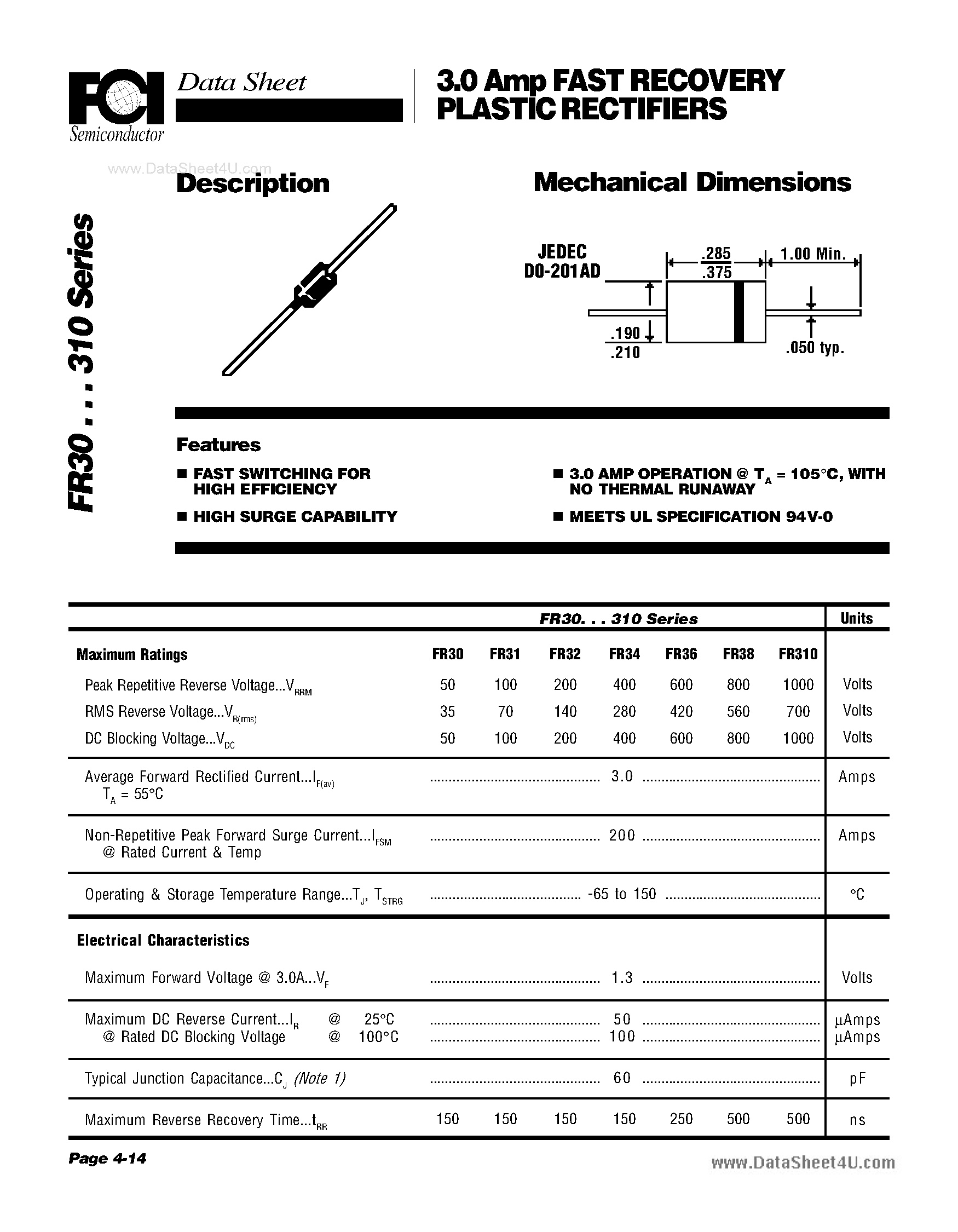 Datasheet FR30 page 1 Datasheet FR30 - (FR30 - FR310) Fast Efficient Rectifiers page 1