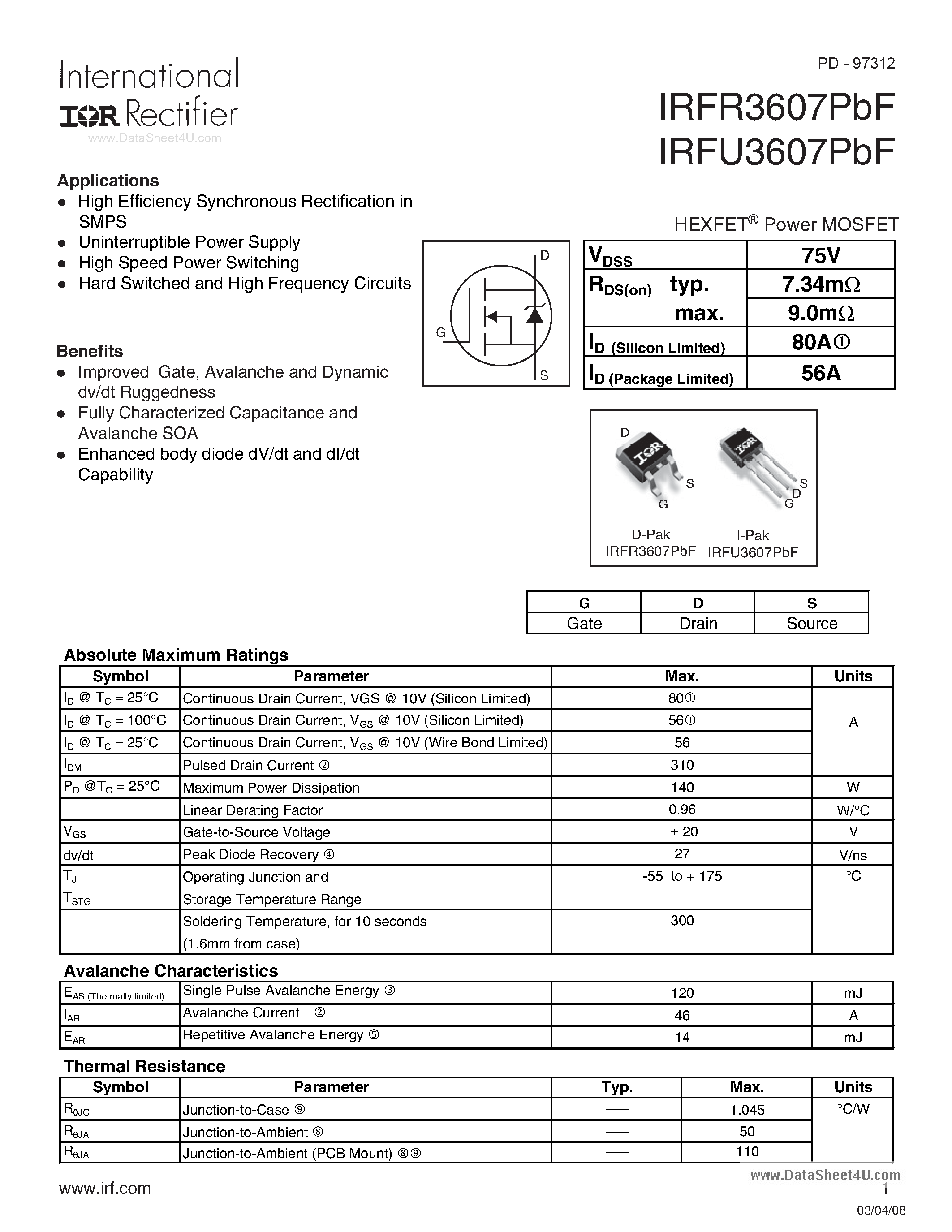 Datasheet IRFR3607PBF - HEXFET Power MOSFET page 1