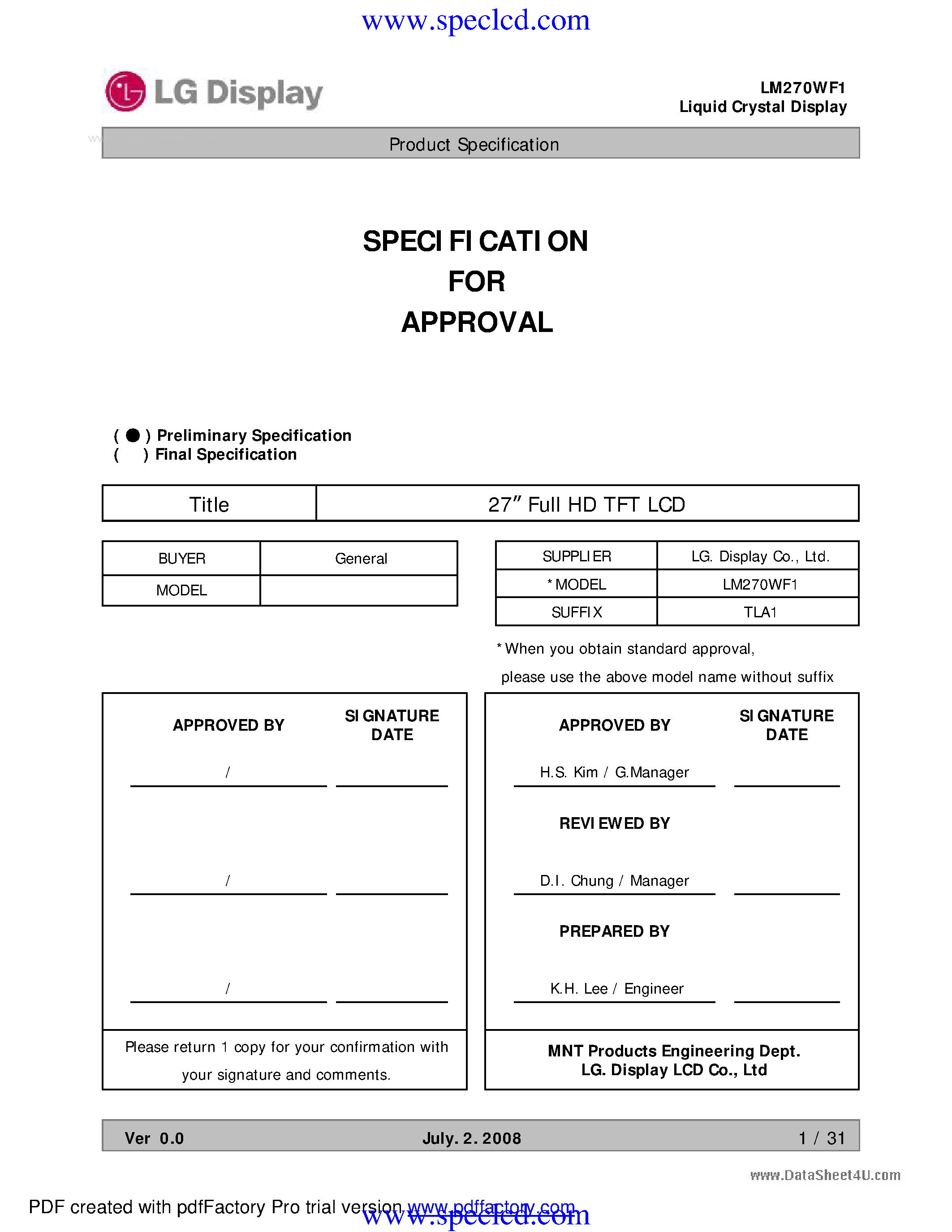Даташит LM270WF1 - LCD Module страница 1