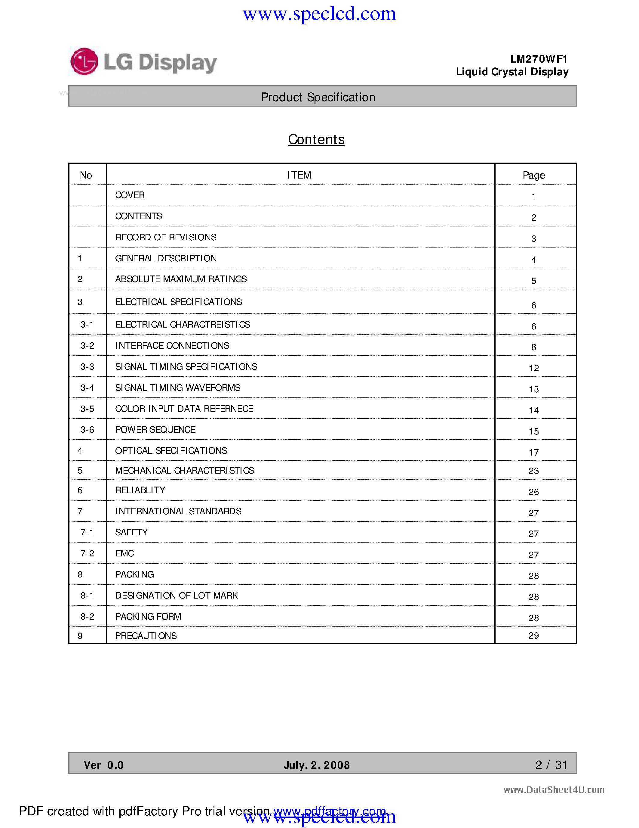 Даташит LM270WF1 - LCD Module страница 2