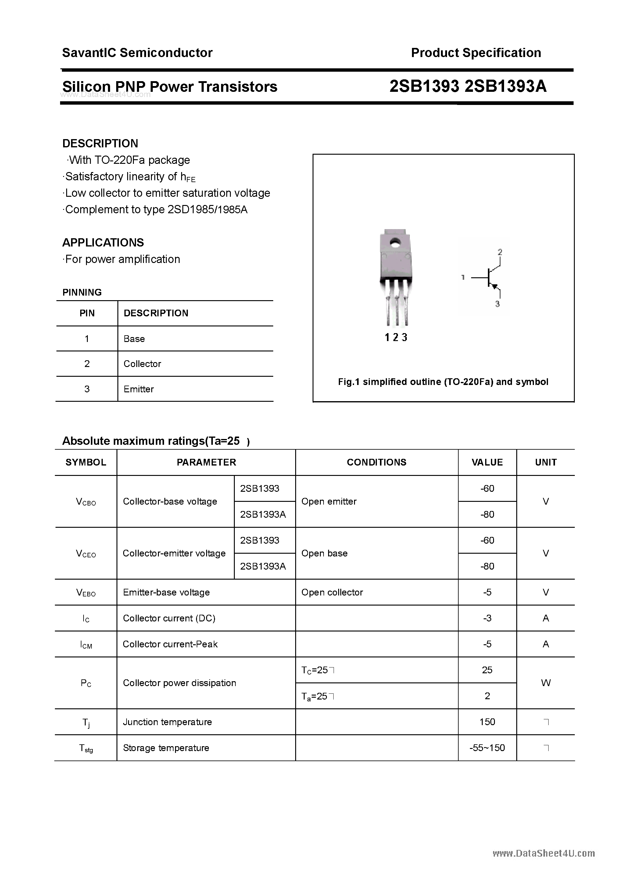 Datasheet 2SB1393 page 1 Datasheet 2SB1393 - SILICON POWER TRANSISTOR page 1