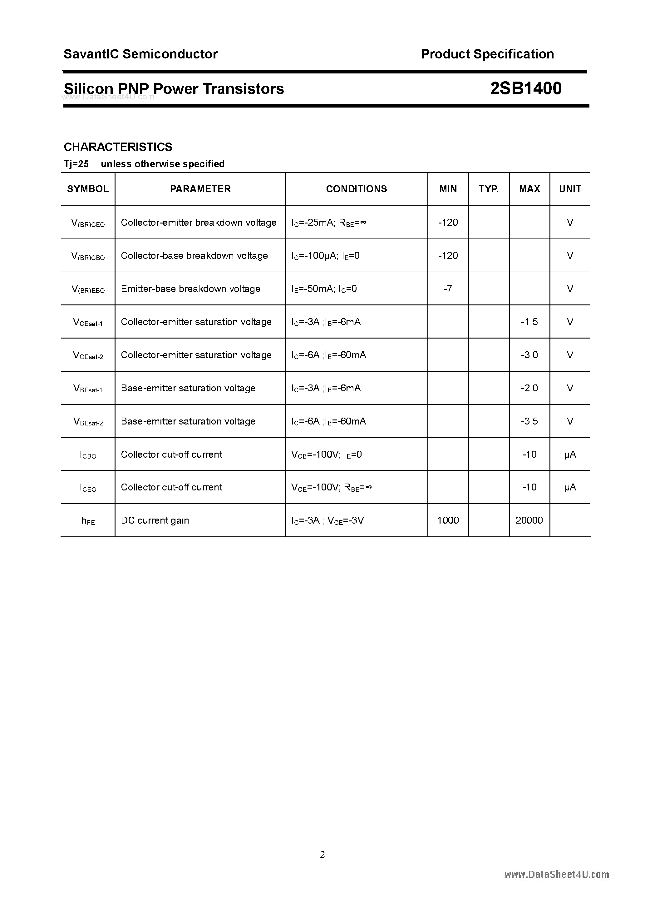 Datasheet 2SB1400 page 2 Datasheet 2SB1400 - SILICON POWER TRANSISTOR page 2