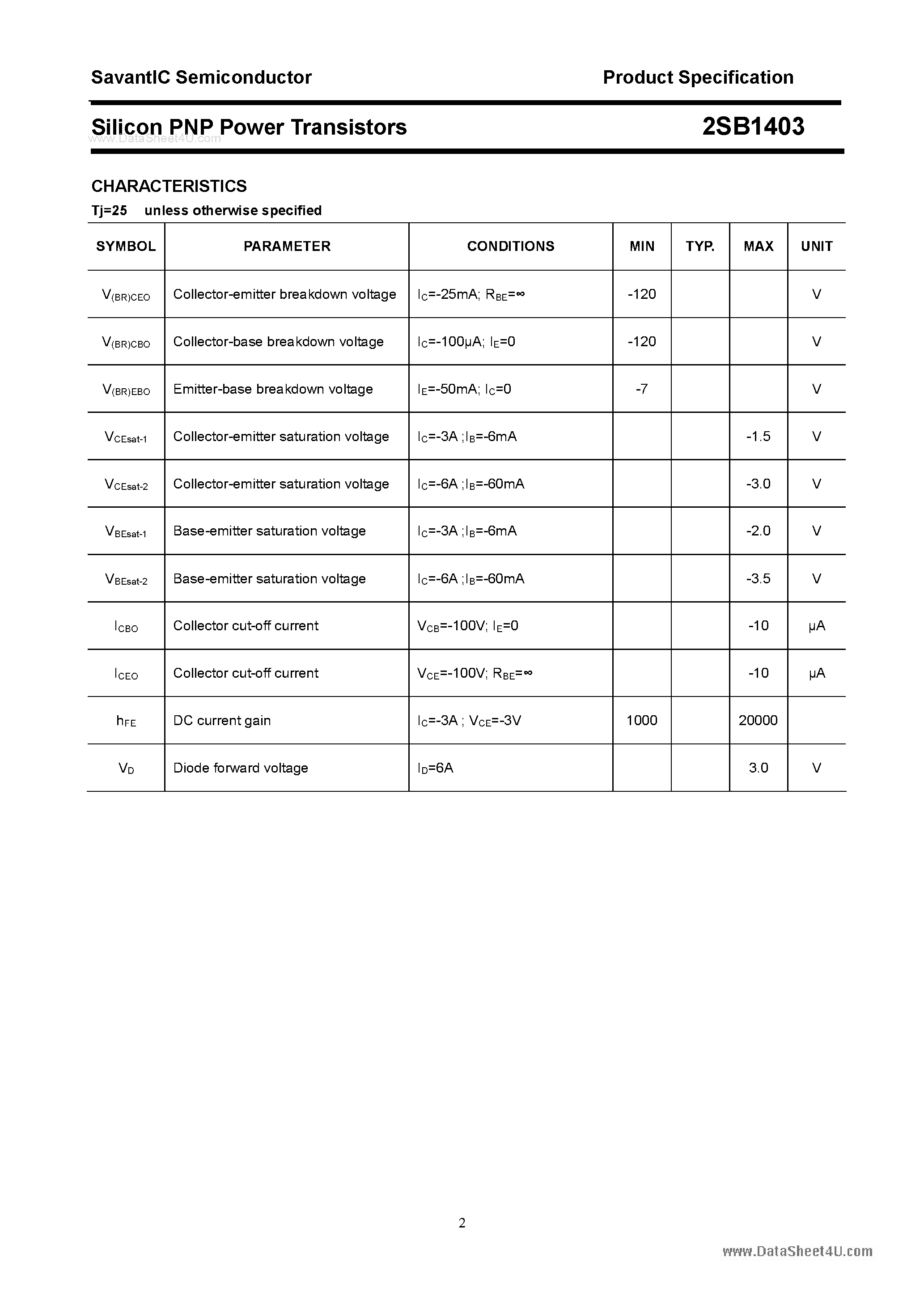 Datasheet 2SB1403 page 2 Datasheet 2SB1403 - SILICON POWER TRANSISTOR page 2