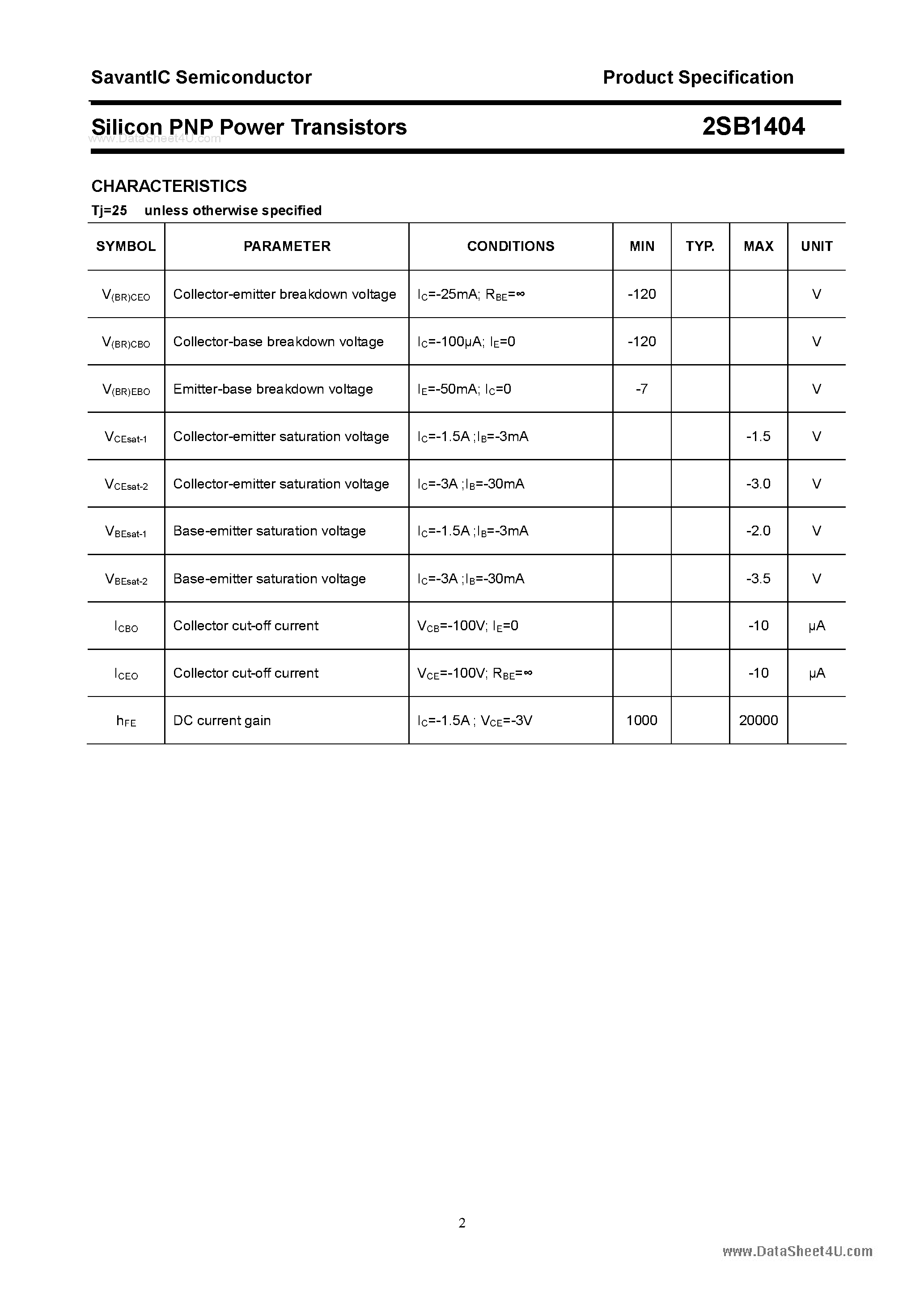 Datasheet 2SB1404 page 2 Datasheet 2SB1404 - SILICON POWER TRANSISTOR page 2