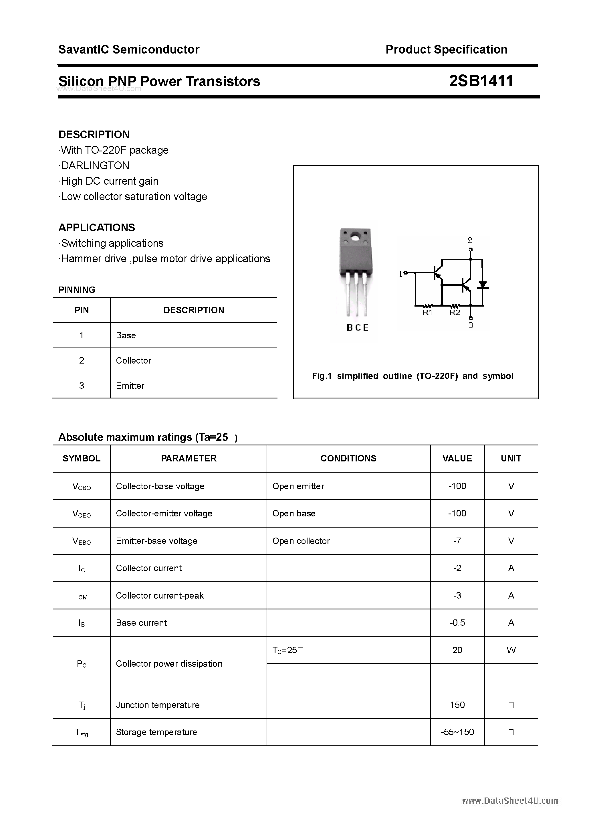 Datasheet 2SB1411 page 1 Datasheet 2SB1411 - SILICON POWER TRANSISTOR page 1