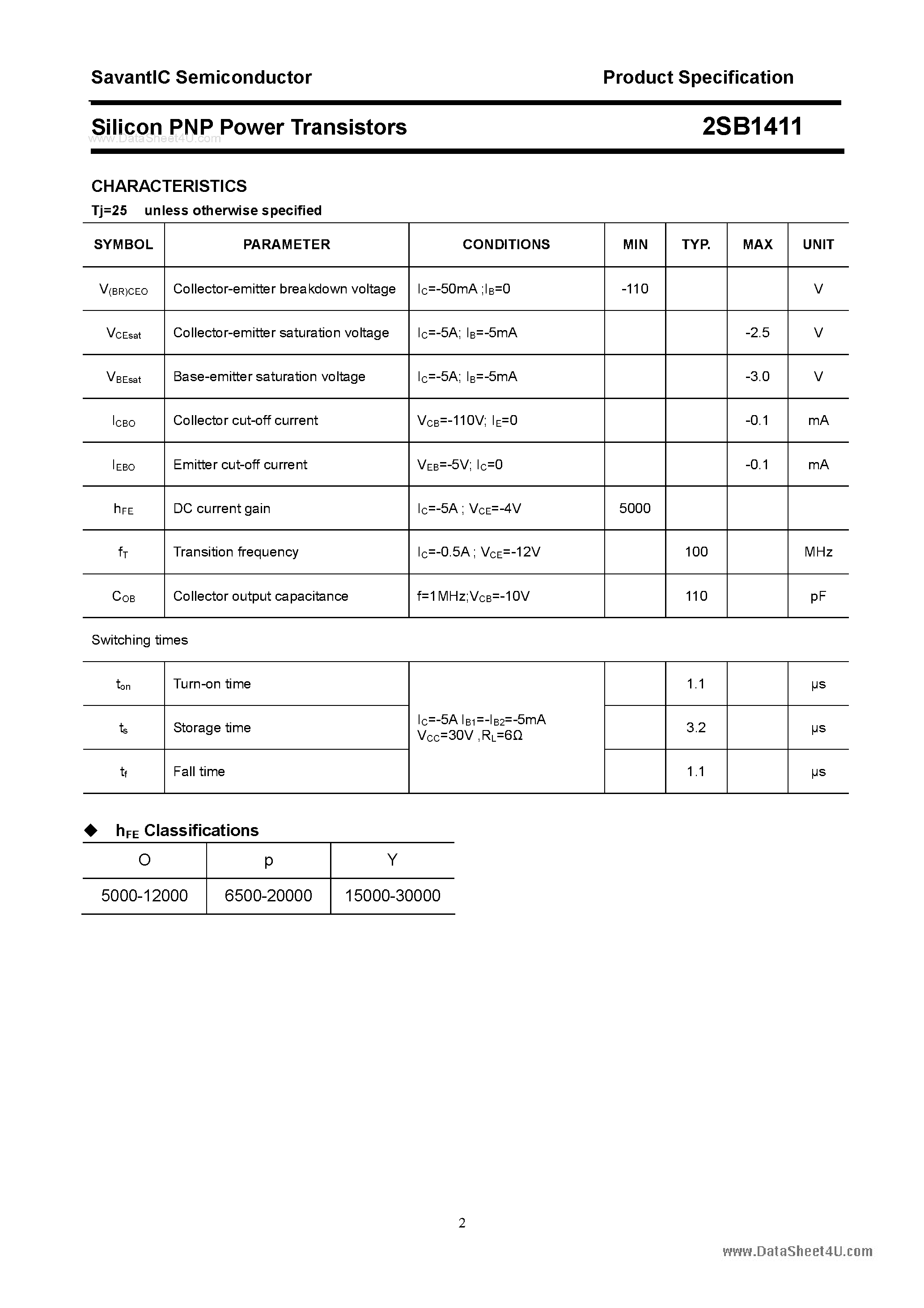 Datasheet 2SB1411 page 2 Datasheet 2SB1411 - SILICON POWER TRANSISTOR page 2