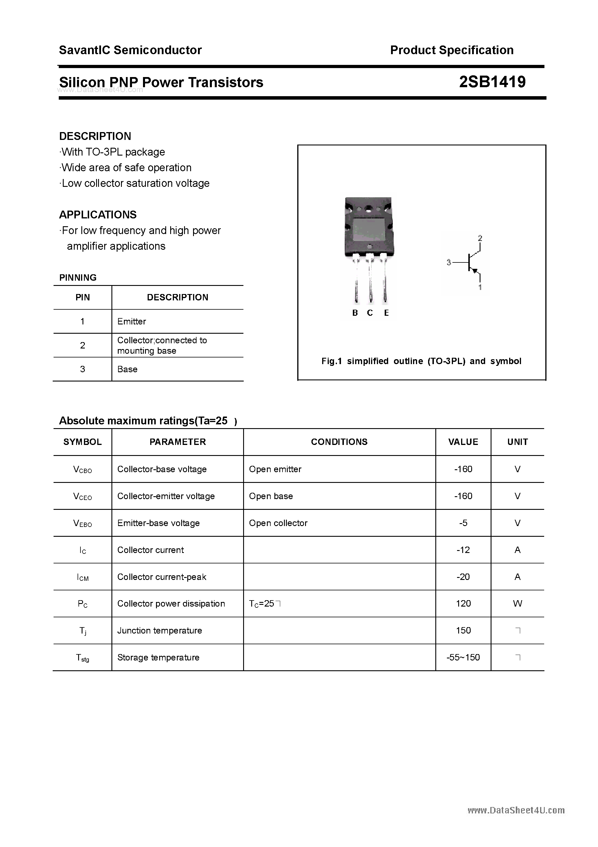 Datasheet 2SB1419 page 1 Datasheet 2SB1419 - SILICON POWER TRANSISTOR page 1
