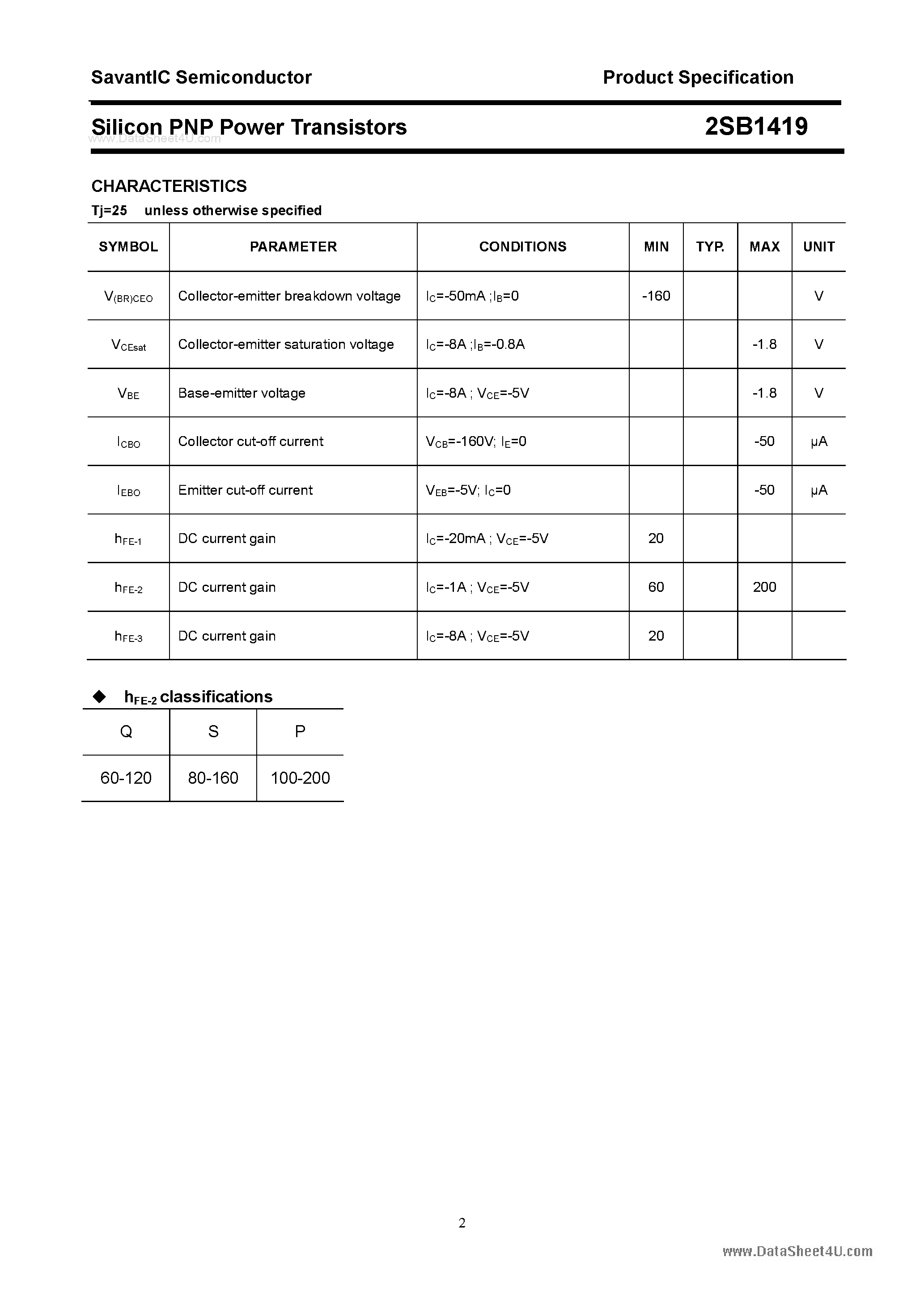 Datasheet 2SB1419 page 2 Datasheet 2SB1419 - SILICON POWER TRANSISTOR page 2