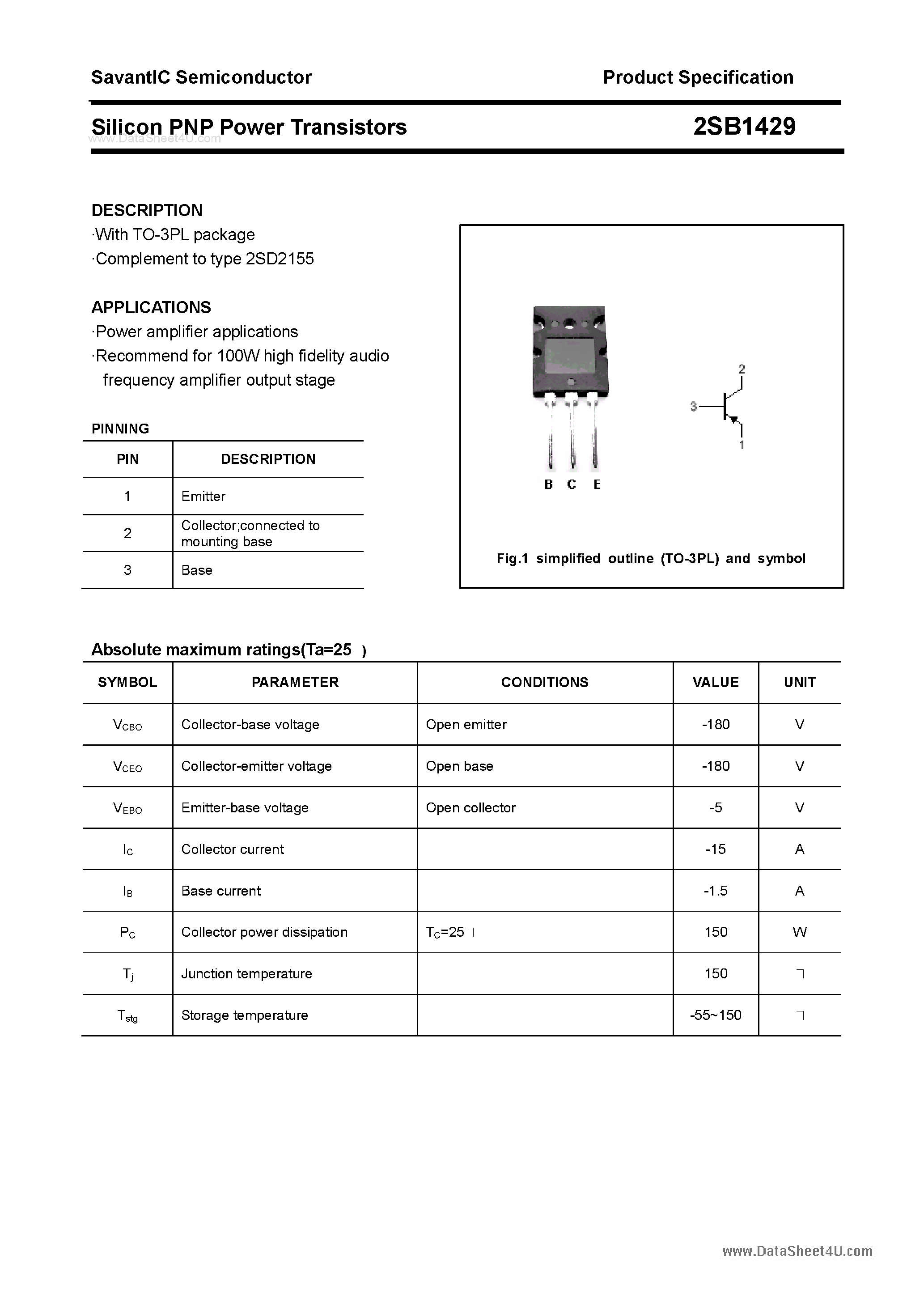 Datasheet 2SB1429 - SILICON POWER TRANSISTOR page 1