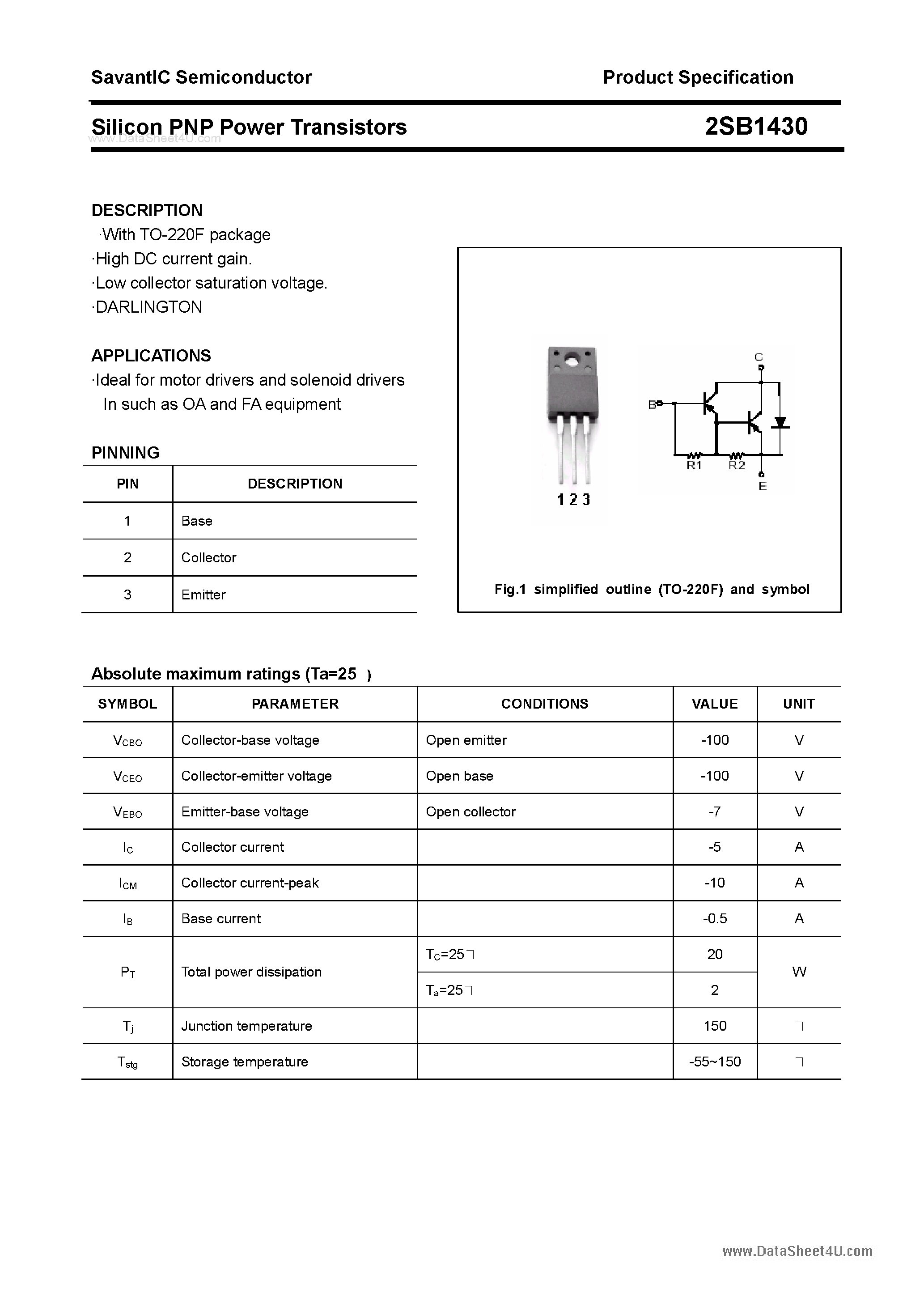 Datasheet 2SB1430 - SILICON POWER TRANSISTOR page 1