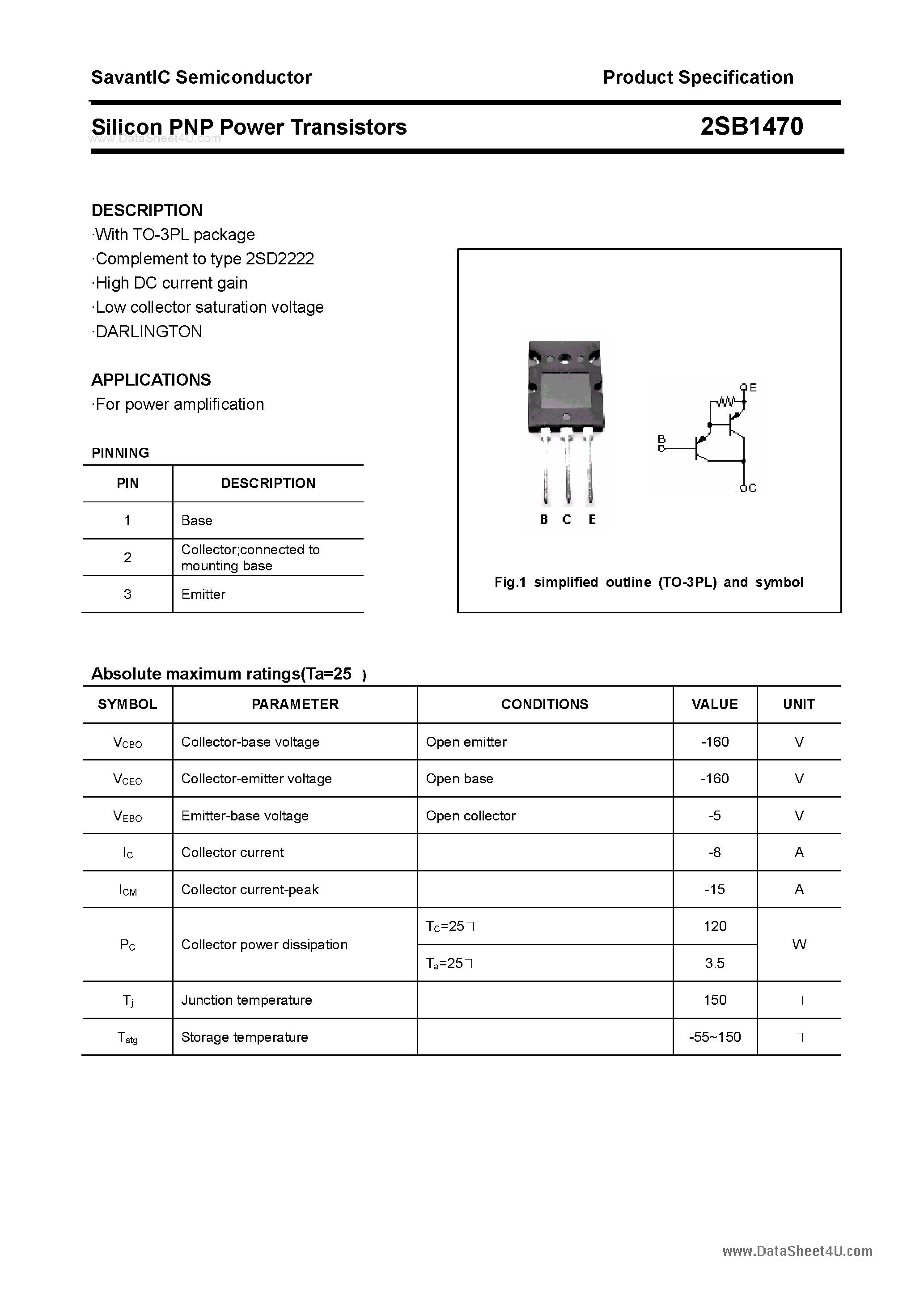 Datasheet 2SB1470 page 1 Datasheet 2SB1470 - SILICON POWER TRANSISTOR page 1