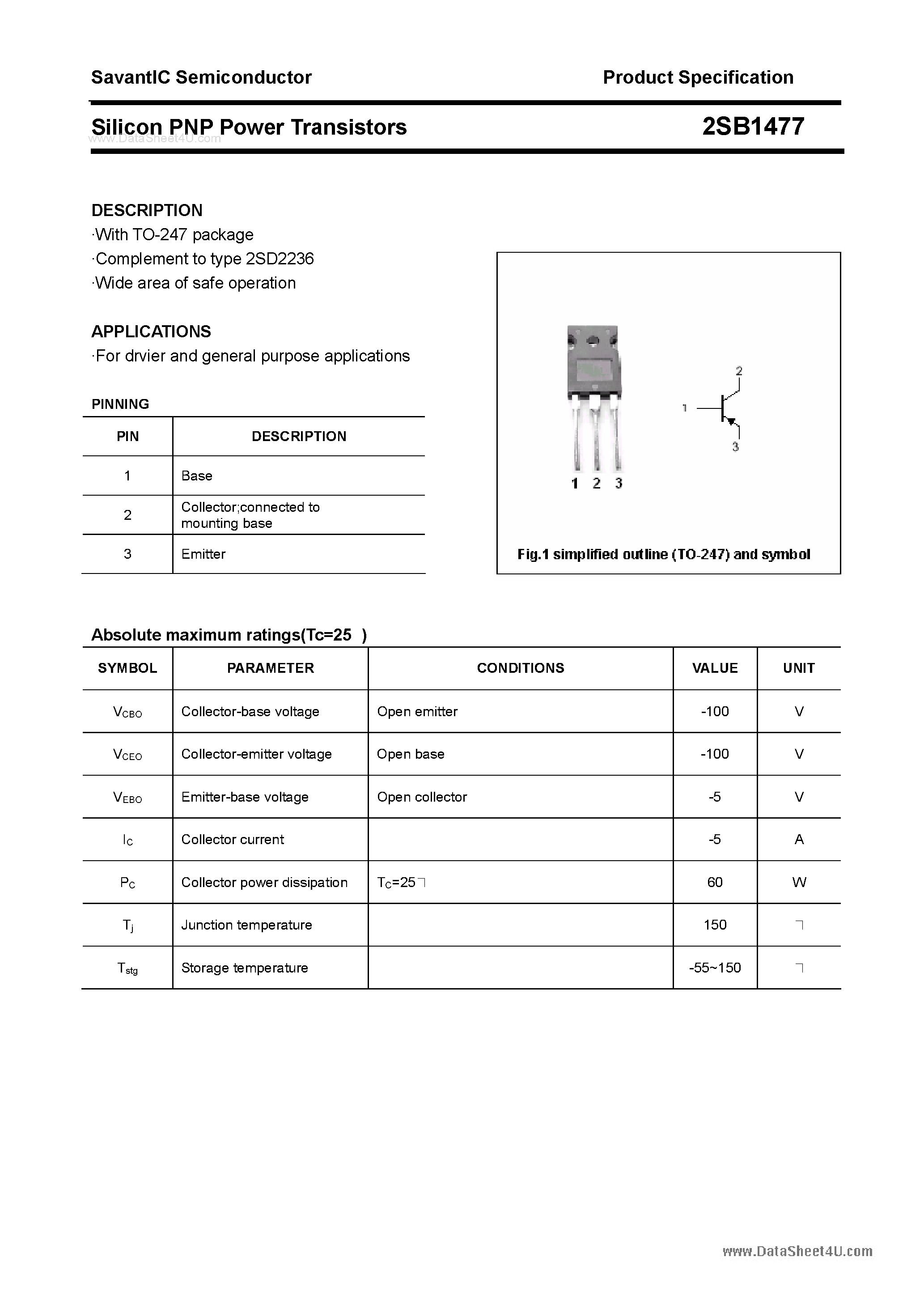 Datasheet 2SB1477 page 1 Datasheet 2SB1477 - SILICON POWER TRANSISTOR page 1