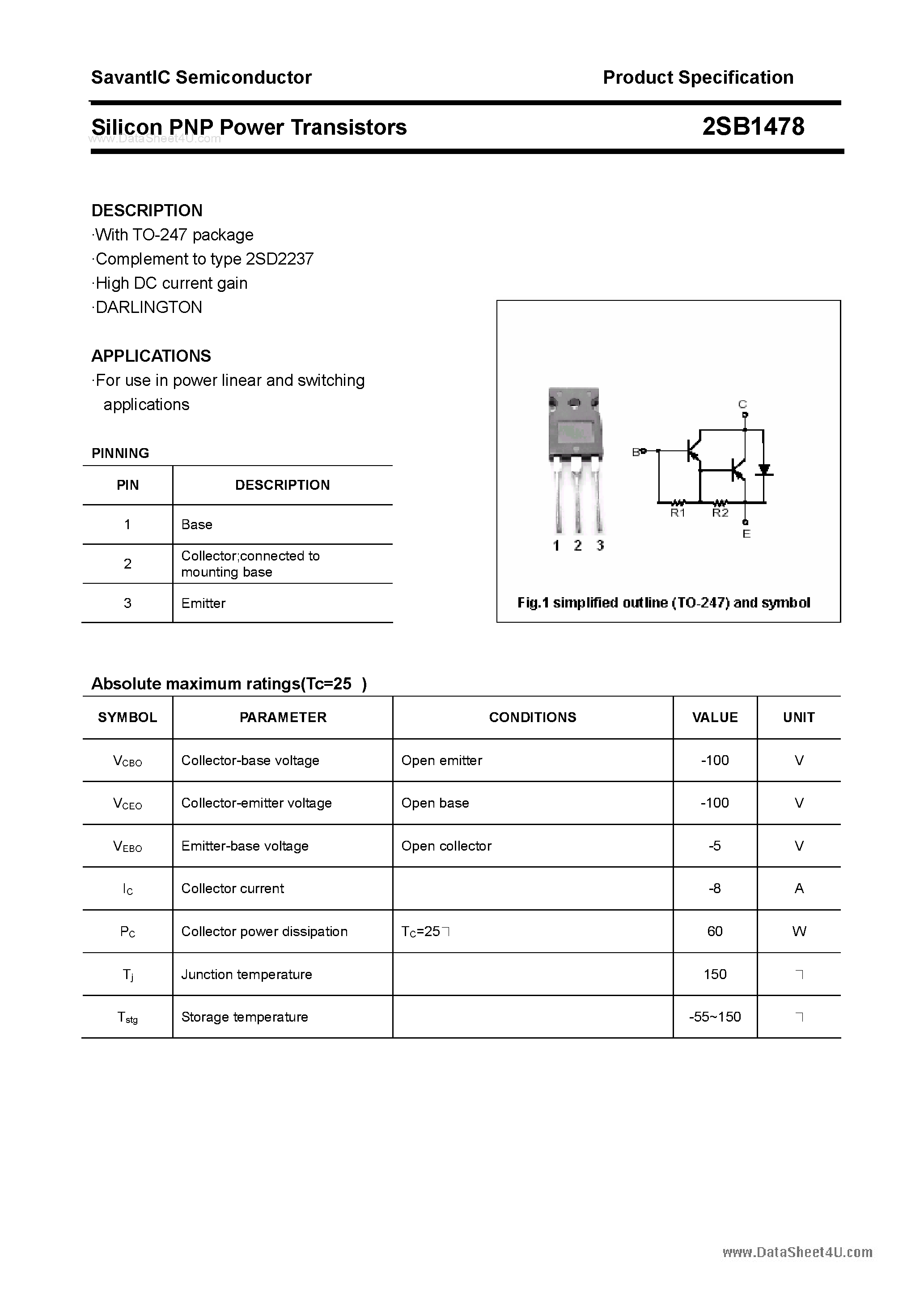 Datasheet 2SB1478 page 1 Datasheet 2SB1478 - SILICON POWER TRANSISTOR page 1