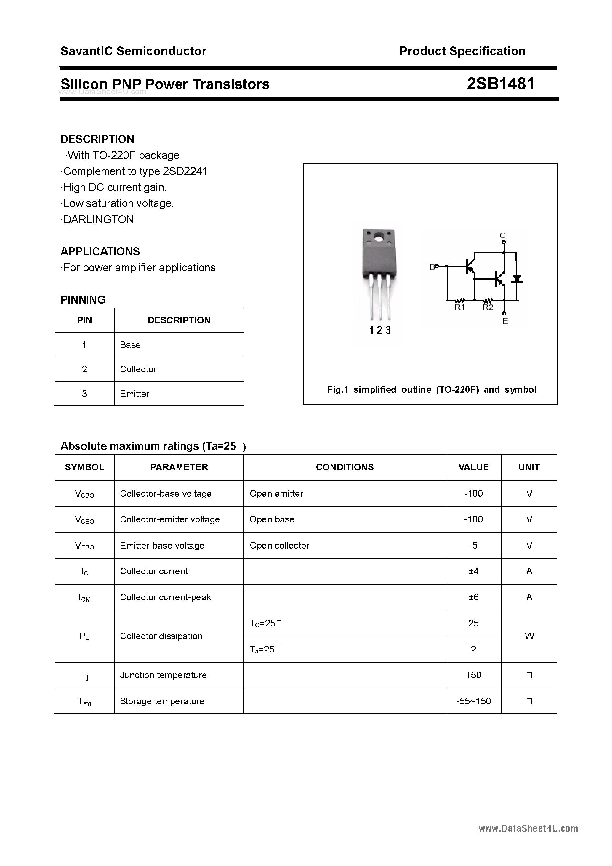 Datasheet 2SB1481 page 1 Datasheet 2SB1481 - SILICON POWER TRANSISTOR page 1