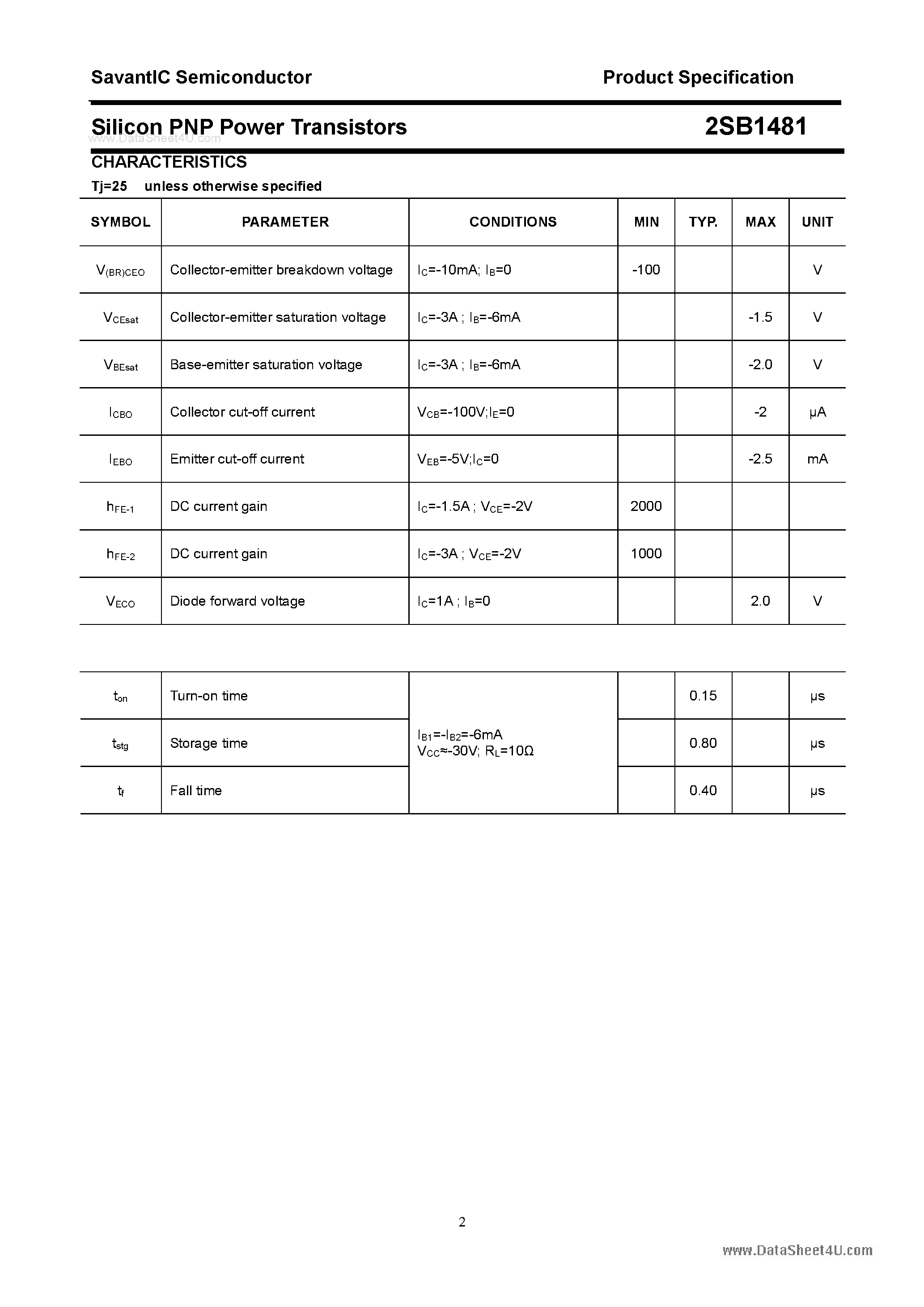 Datasheet 2SB1481 page 2 Datasheet 2SB1481 - SILICON POWER TRANSISTOR page 2