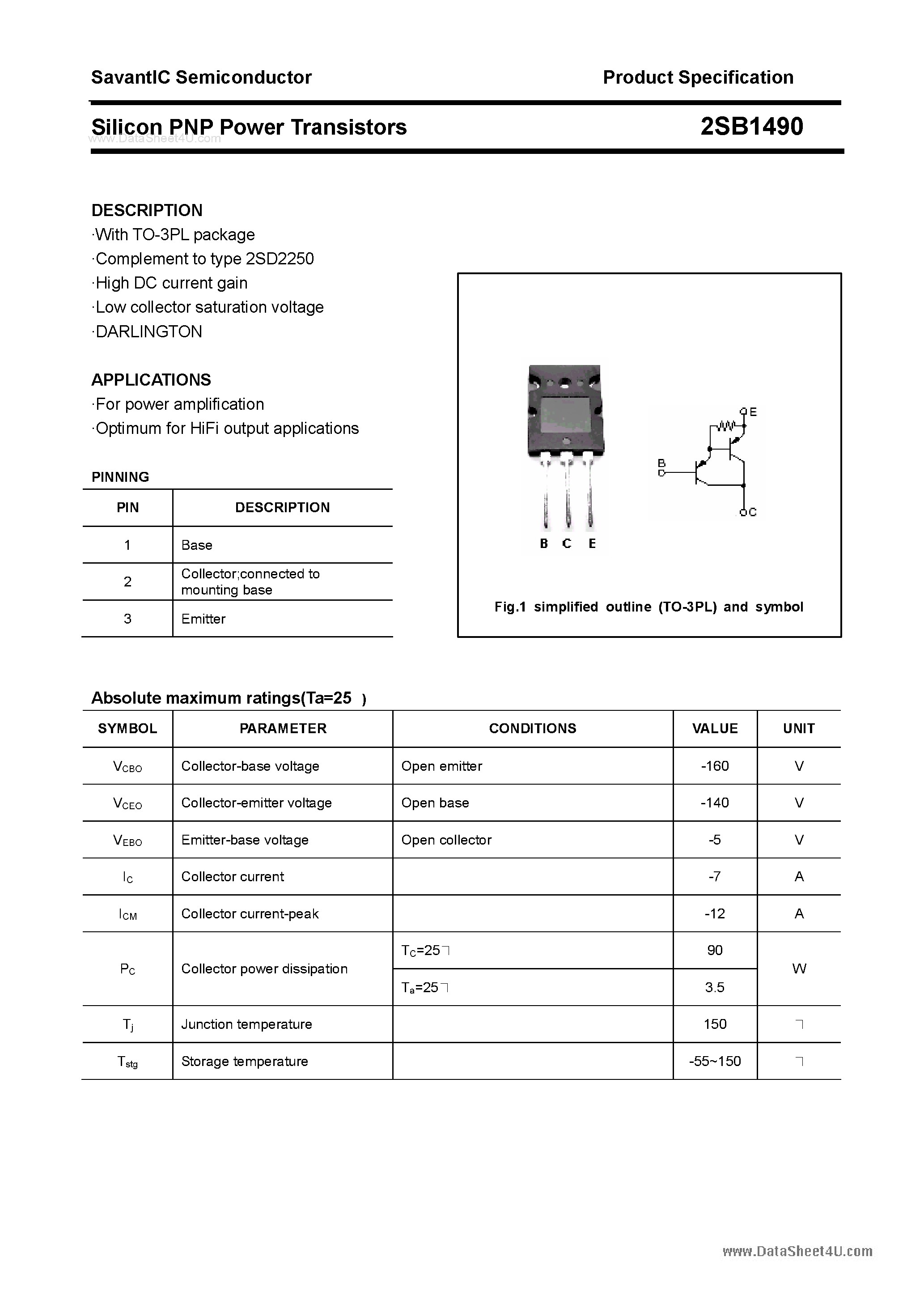 Datasheet 2SB1490 page 1 Datasheet 2SB1490 - SILICON POWER TRANSISTOR page 1