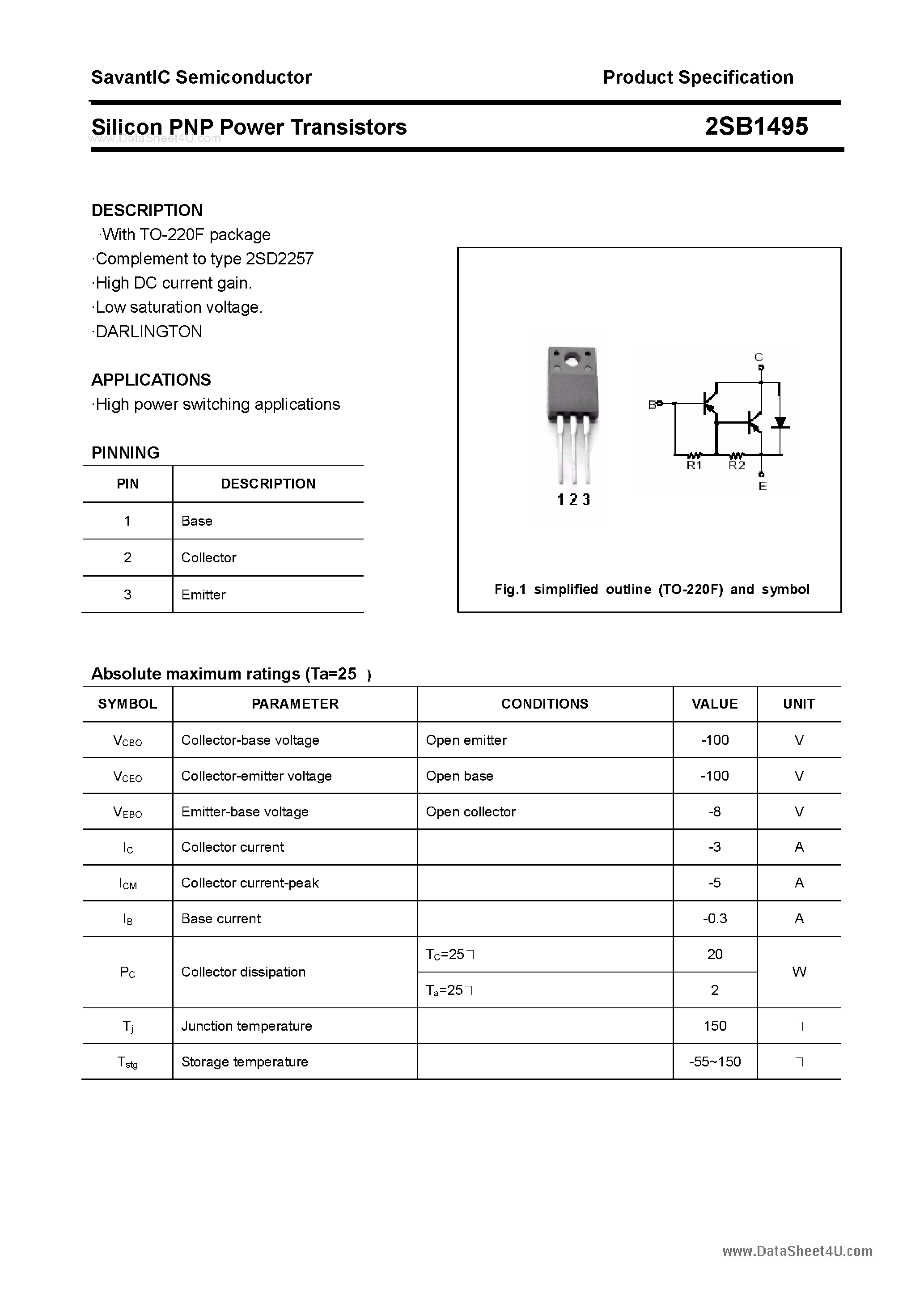 Datasheet 2SB1495 page 1 Datasheet 2SB1495 - SILICON POWER TRANSISTOR page 1