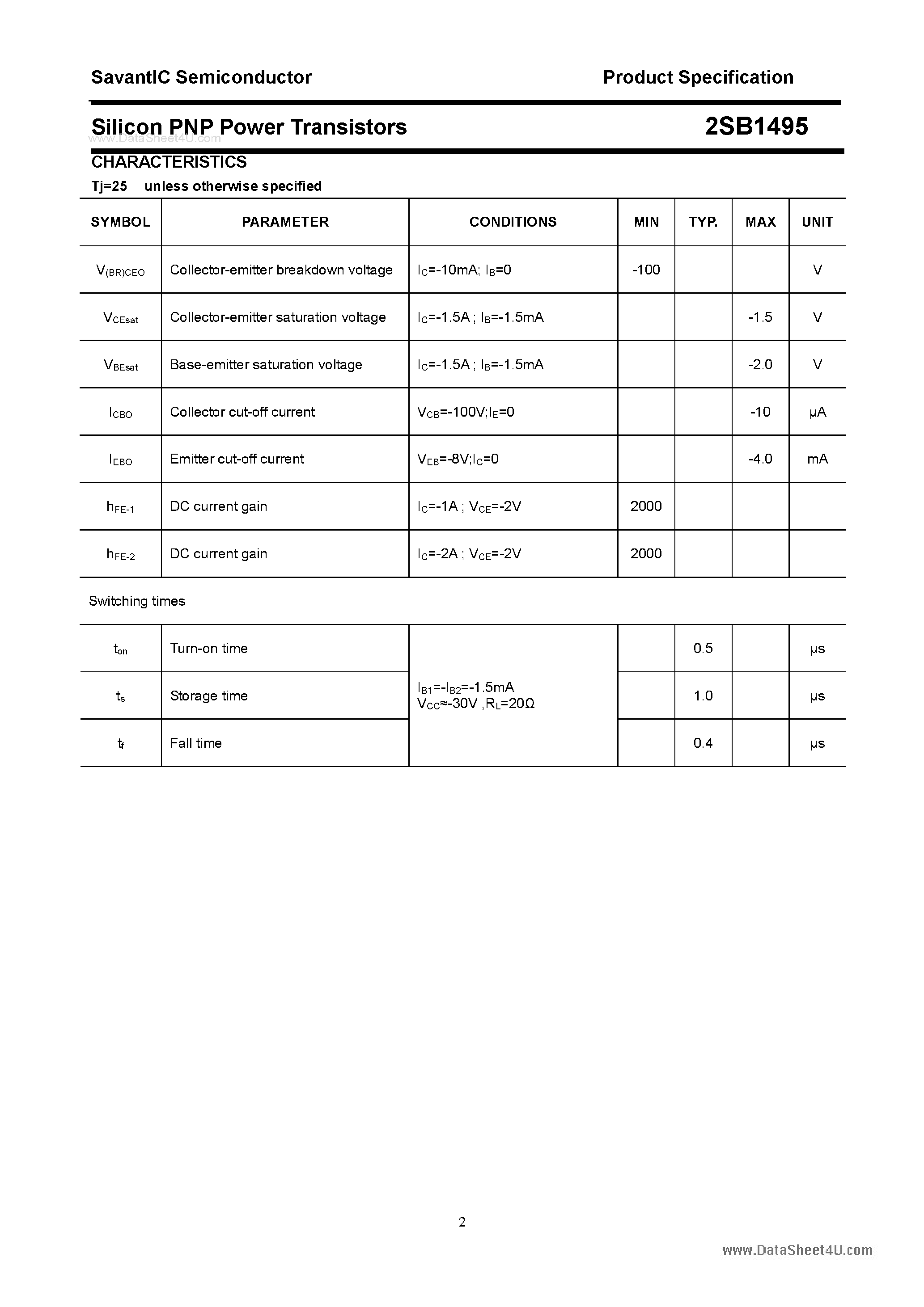 Datasheet 2SB1495 page 2 Datasheet 2SB1495 - SILICON POWER TRANSISTOR page 2