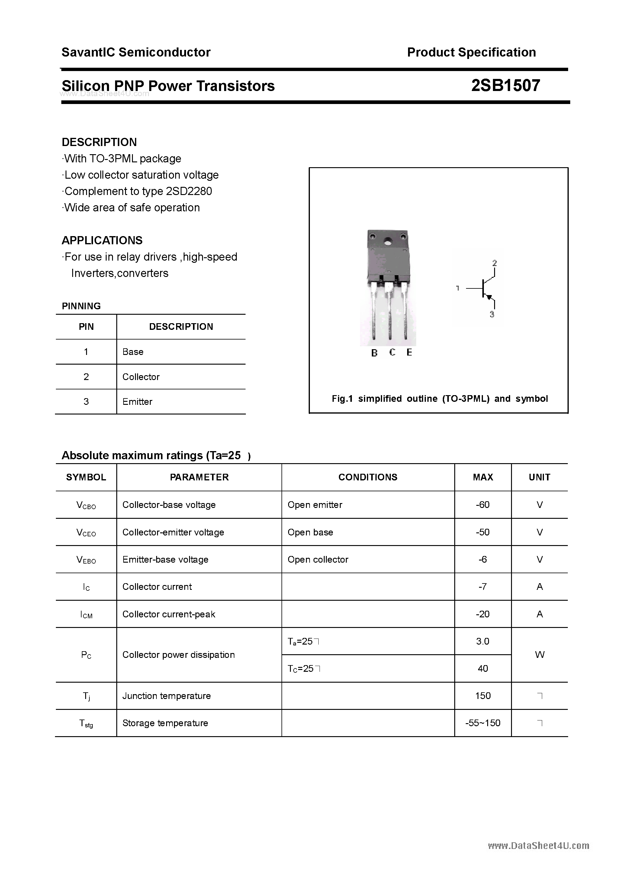 Datasheet 2SB1507 page 1 Datasheet 2SB1507 - SILICON POWER TRANSISTOR page 1